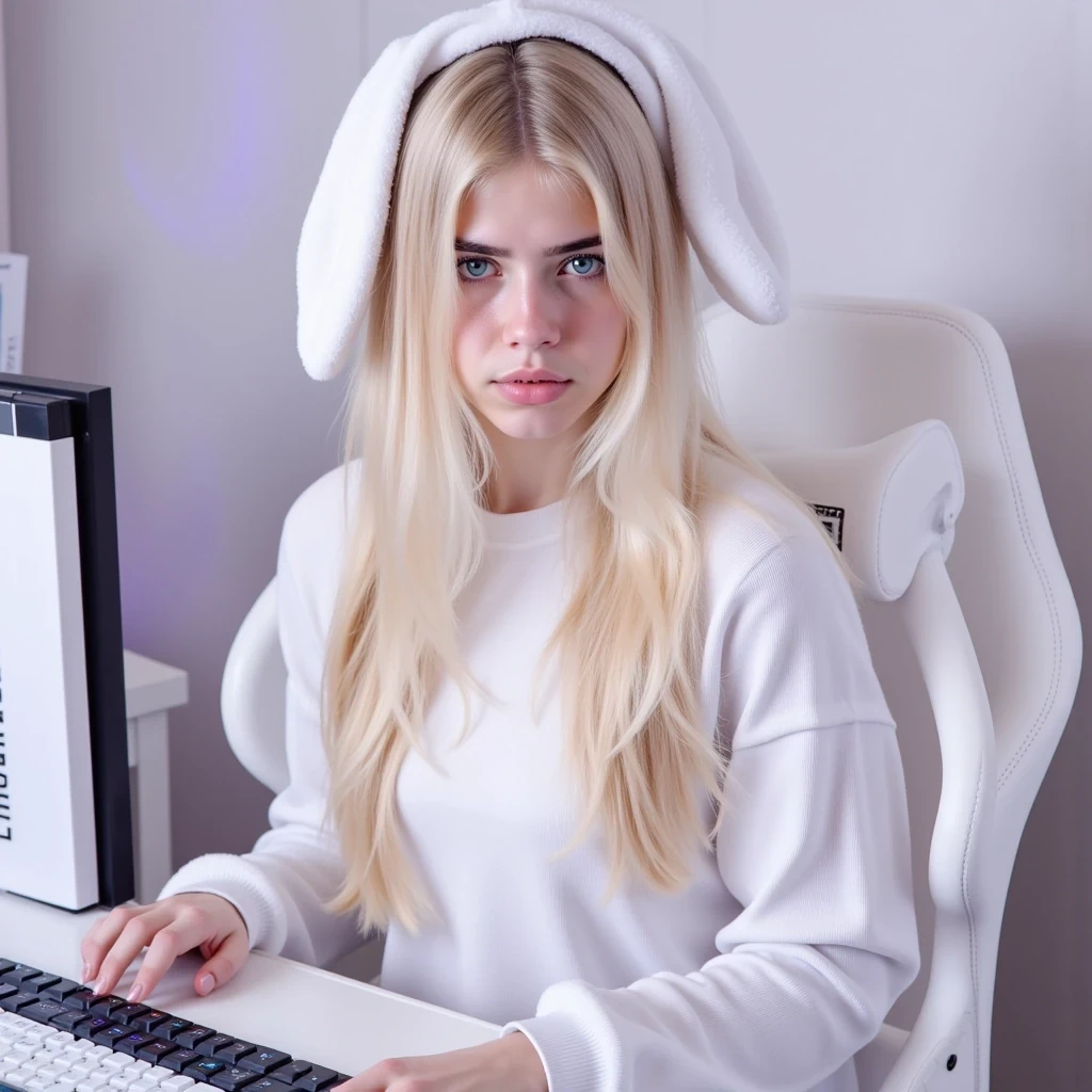 A beautiful young woman with long blonde hair and striking ice blue eyes, wearing a sexy bunny costume, sits sideways confidently to show off her white Lian Li gaming CPU, in a clean white gaming set. The PC is equipped with a full white Lian Li case with RGB fans, sleek dual monitors, a white mechanical keyboard, and a matching gaming mouse. Bright and soft lighting fills the room, highlighting her flawless natural makeup and gentle expression. Her studio is minimalist and clean, with pastel LED backlighting, white walls, and subtle decor — very realistic influencer-style photography, sharp focus, soft shadows.

negative prompt:  blurry, low resolution, low quality, distorted face, extra limbs, extra fingers, missing fingers, deformed hands, unnatural skin texture, overexposed, underexposed, bad anatomy, disfigured, mutated, duplicate face, fused limbs, exaggerated features, unrealistic eyes, anime style, cartoon, doll-like, glitch, watermark, text, logo, grain, noisy background, jpeg artifacts, lens distortion, fisheye,deformed hands, extra fingers, missing fingers, double face, bad anatomy, blurry face, disfigured, bad proportions, low quality, artifact, mutated limbs, asymmetrical eyes, face distortion, incorrect lighting, extra limbs
