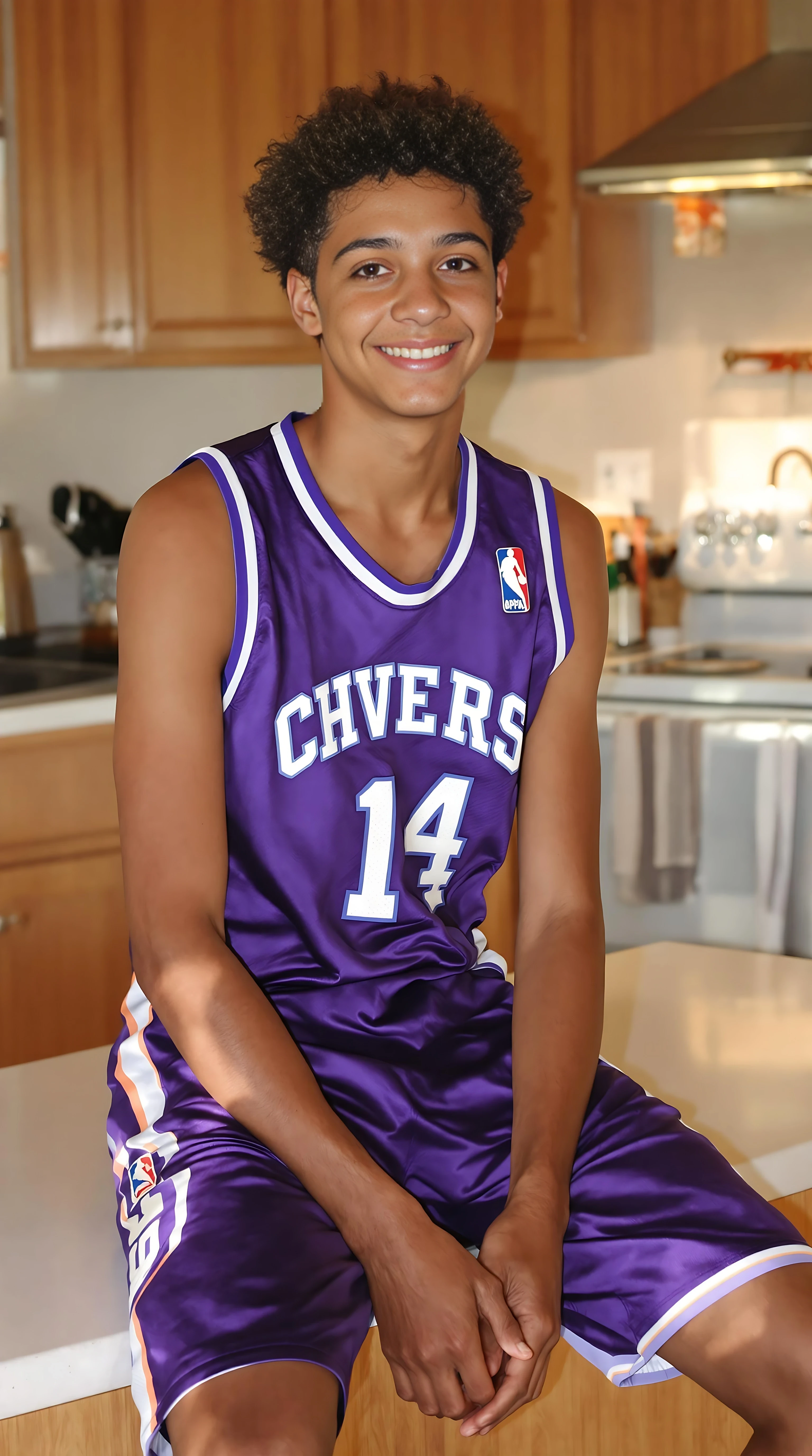 boring low quality snapchat photo circa 2015. A full body shot photo of a 16-year-old boy, sitting on the kitchen bench in his home kitchen, warmly lit in the late afternoon. The image is rich in detail, with warm tones and clear textures throughout. The boy has tanned skin, a medium, athletic build, brown curly hair and brown almond-shaped eyes. He is smiling subtly and warmly away from the camera as if someone is standing in front of him out of frame. He wears a purple basketball jersey, purple basketball pants and no shoes. The background features his home kitchen. The overall composition is balanced, with the young boy looking comfortable. The details are vivid, with textures of clothing, skin, and background elements clearly visible, while the warm lighting creates a relaxed and joyful mood