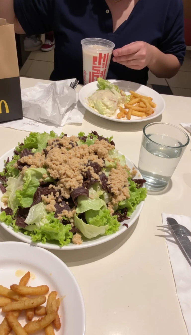 boring low quality snapchat photo circa 2015, this picture is being taken in a McDonalds. The picture is of large salad with a glass of water next to it. There are other food dishes and drink glasses on the table as well.  All the food dishes are white.