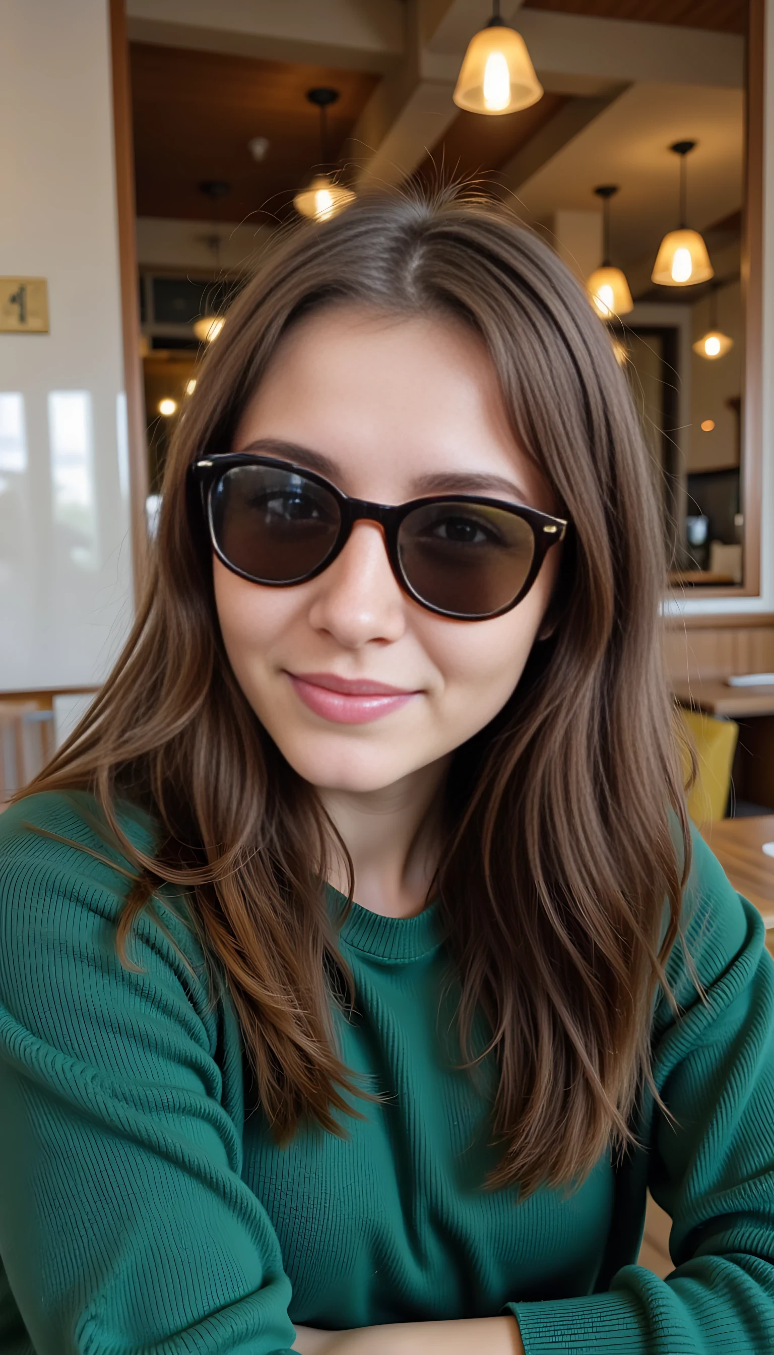 photo of woman CSTMDL, sitting in a coffee shop, close selfie of face, smiling, wearing sunglasses, a green crewneck sweatshirt with no brand