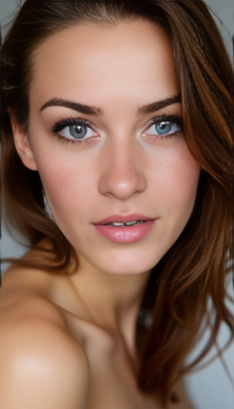 close-up of a feminine woman with big soft blue eyes, long dark lashes, defined cheekbones, wavy brown hair cascading over one shoulder, sensual yet innocent expression, slightly open lips, natural glossy skin texture, shot in soft lighting with shallow depth of field, polish girl, shows her whole body, covered with a towel
