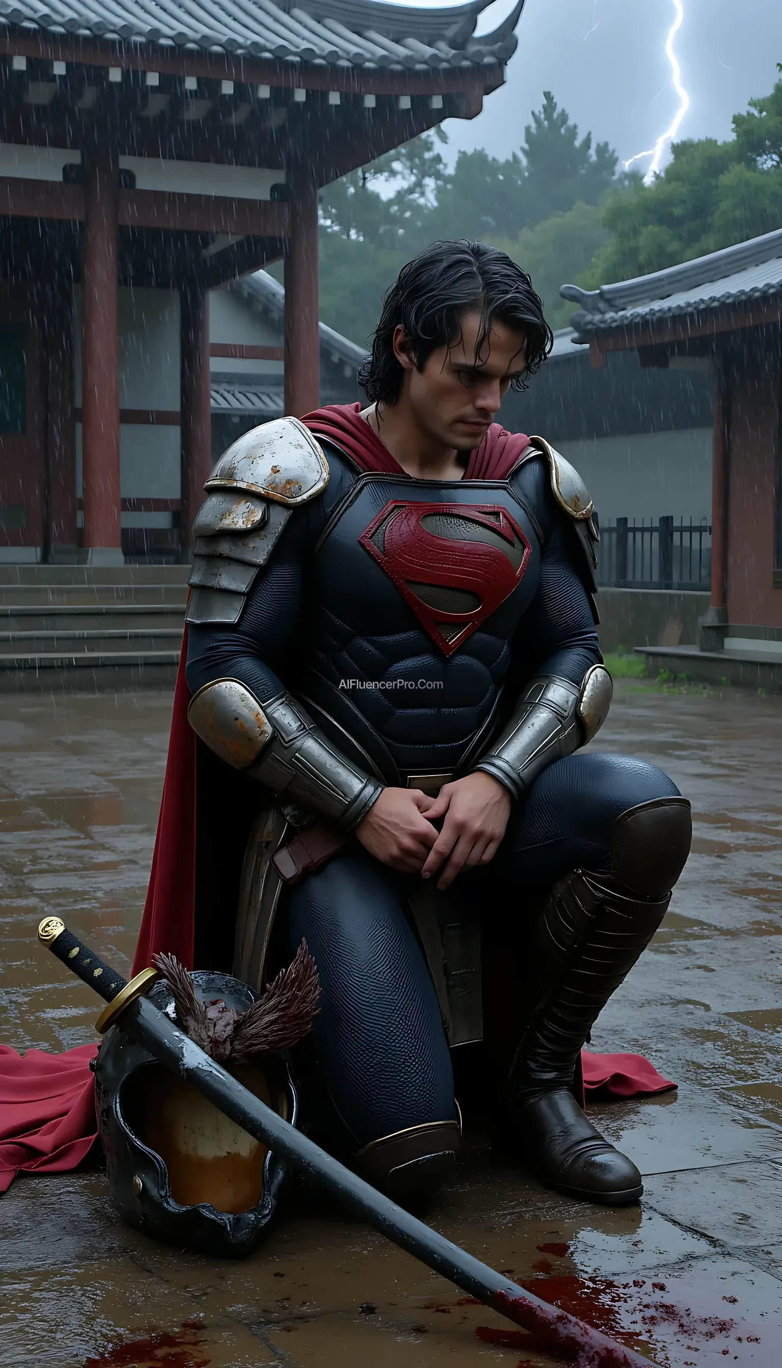 A photorealistic Superman wearing a battle-worn samurai-inspired suit, kneeling in exhaustion after an intense fight. The samurai armor is damaged, with scratches, dents, and torn edges revealing the hardships of battle. The once-pristine metallic plating is smeared with dirt and blood, while the iconic 'S' symbol on his chest remains faintly visible through the grime. His futuristic samurai helmet lies discarded beside him, revealing his disheveled hair and bruised face, marked with determination despite his fatigue. He kneels in a torrential downpour, using his katana to support himself, the blade partially embedded in the wet stone ground. Rain cascades over his battered figure, mixing with blood and mud as it pools around him. The scene is set in an ancient Japanese temple courtyard, shrouded in darkness and lit only by occasional flashes of lightning. Thunder rolls in the distance, adding to the dramatic intensity of the moment as Superman gathers his strength, ready to rise again