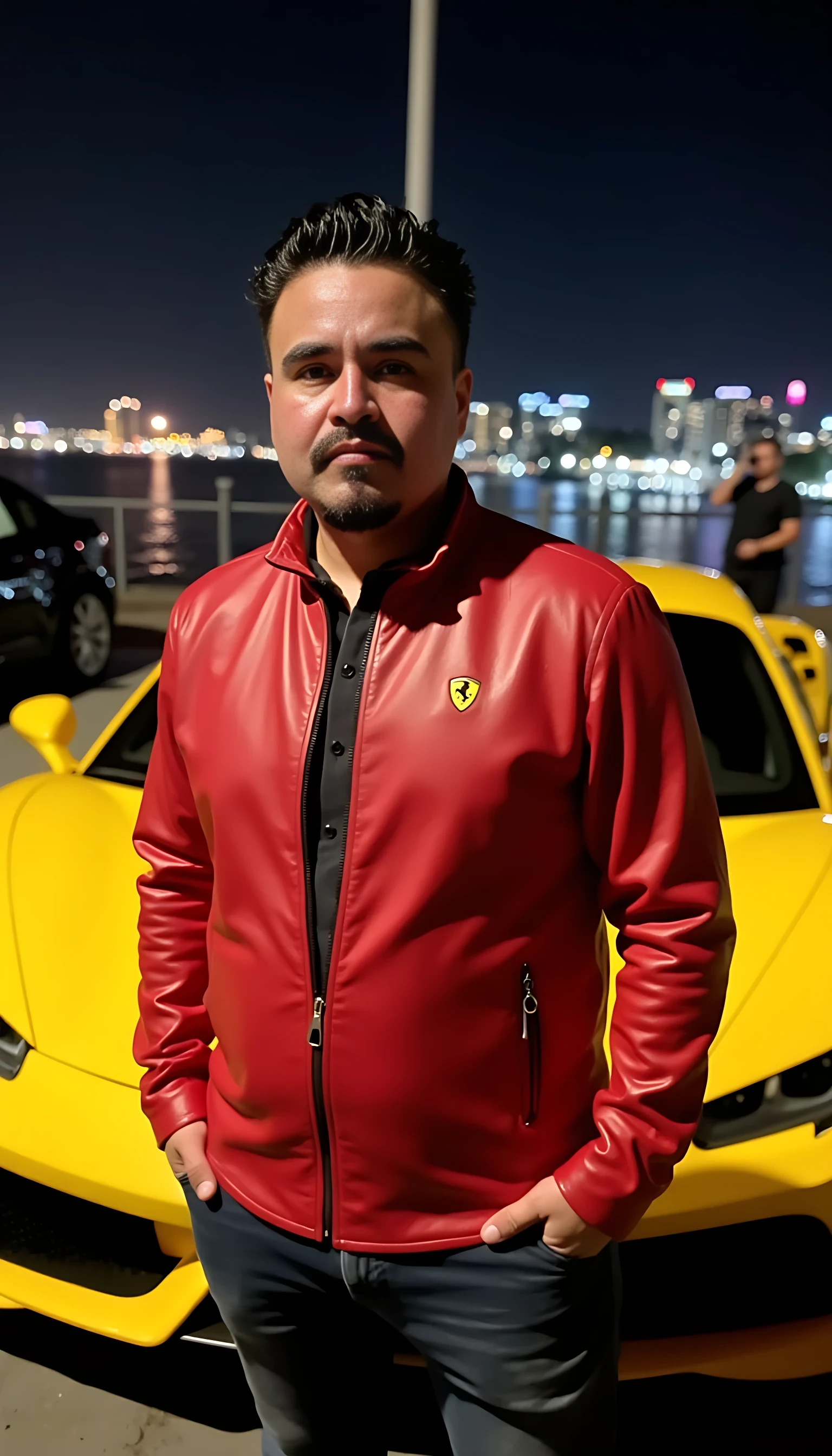 CSTMDL man average body  standing wearing red leather jacket with a Ferrari logo in front of a yellow Ferrari with city lights in the background 
