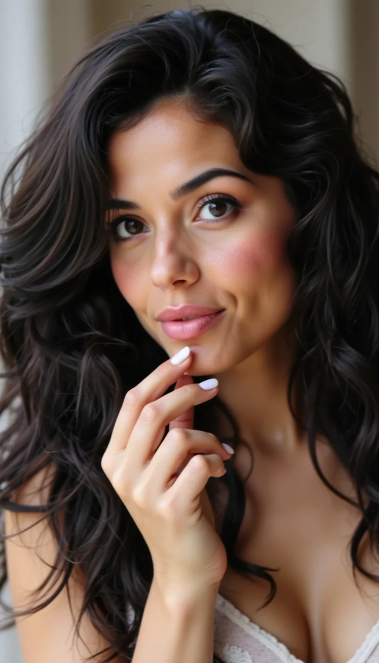 Woman with long curly black hair         showing white toenail polish