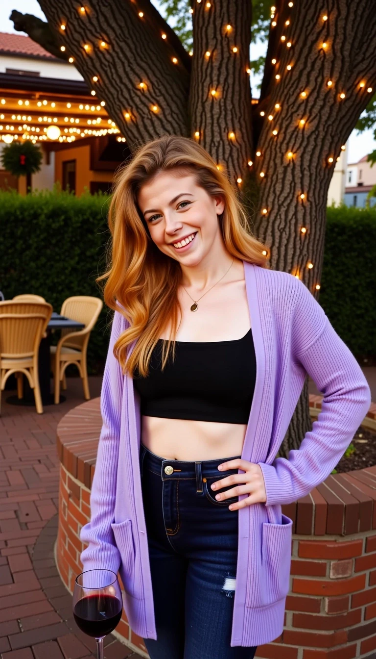 CSTMDL, A full body shot photo of a woman standing outdoors at a cozy, warmly lit patio in the evening, with soft, glowing lights wrapped around a tree behind them creating a charming atmosphere. The image is rich in detail, with warm tones and clear textures throughout. The woman has fair skin, a slim build, and long reddish-blonde hair, also worn loose. She is smiling warmly at the camera, holding a glass of red wine in her right hand, and wears a soft-textured lavender cardigan over a black top. The background features a large tree with sparkling string lights wrapped around its trunk and branches, adding a magical touch to the scene. The setting suggests a private outdoor seating area, with elements like terracotta-tiled roofing, greenery, and rattan chairs contributing to a serene, inviting vibe. The overall composition is balanced, with the woman framed against the softly glowing tree, and the lighting enhances the warm, intimate feel of a quiet evening shared among friends. The details are vivid, with textures of clothing, skin, and background elements clearly visible, while the warm lighting creates a relaxed and joyful mood