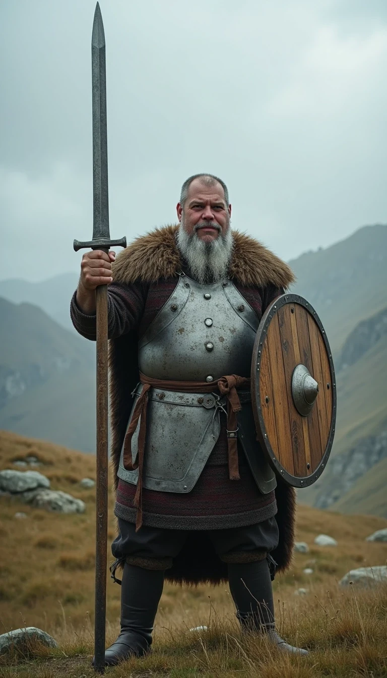 CSTMDL as grey bearded Viking with a viking sword and stylish viking silver shiny Plate armour , standing in warpose on the grassi hill and hold the viking sword high in the sky with the left hand, he cry loud out , in his right hand he hold a typically used wooden Viking shield
