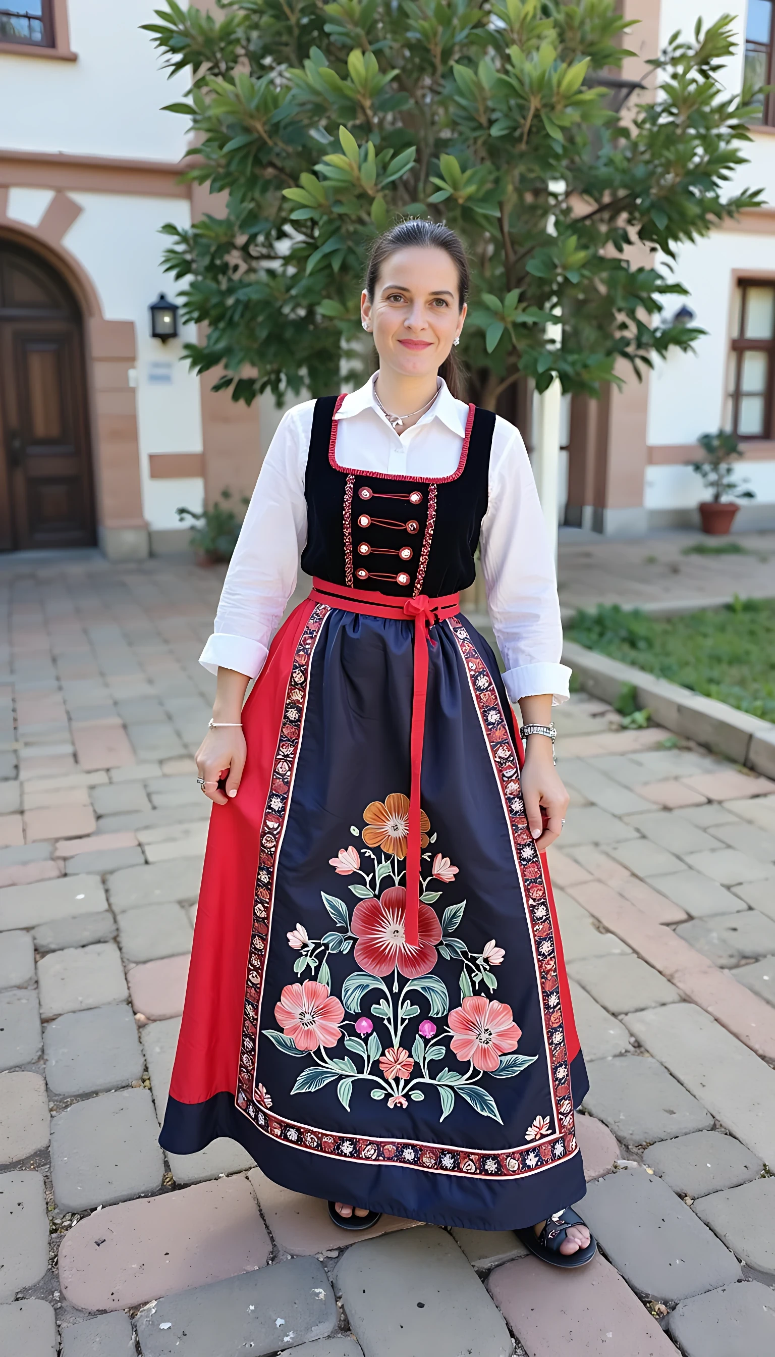 photo of brunette woman CSTMDL mature, small puffy saggy tits in czech national costume i the street carvival