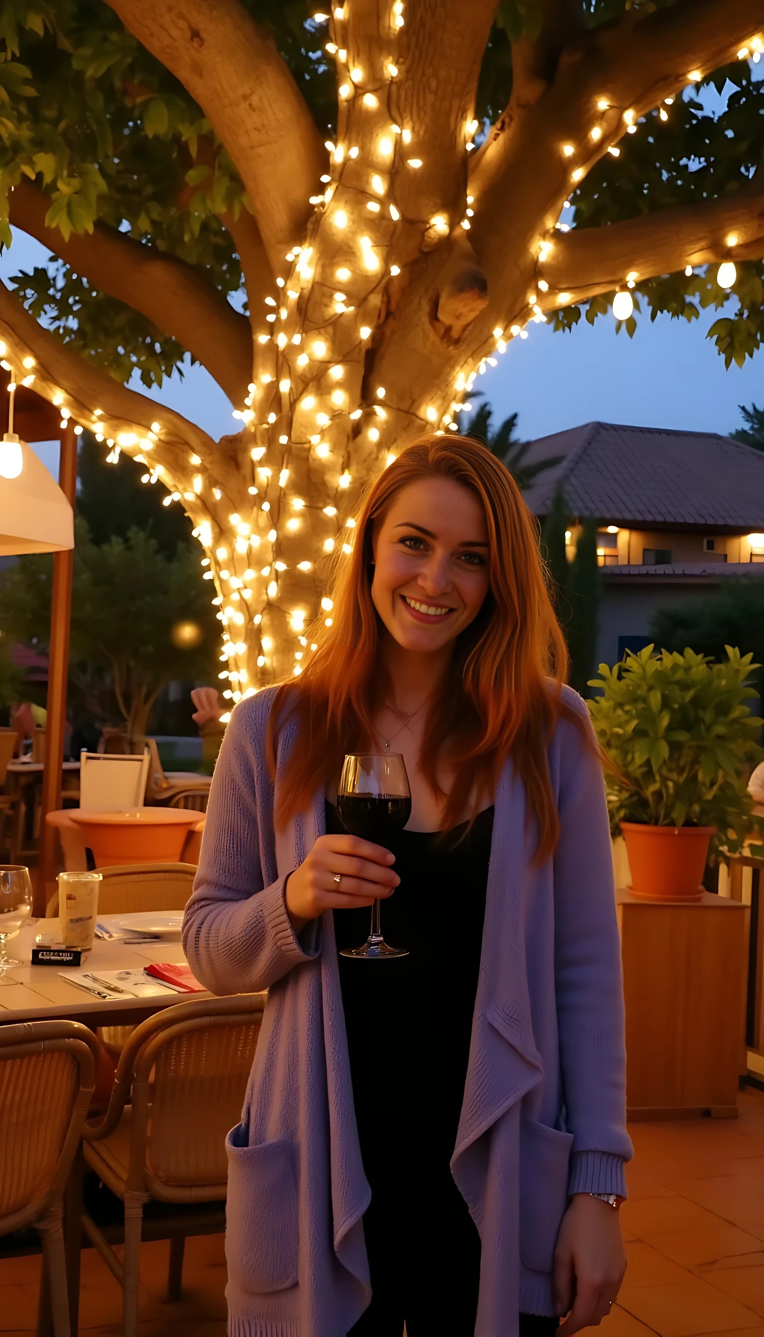 A full body shot photo of a woman standing outdoors at a cozy, warmly lit patio in the evening, with soft, glowing lights wrapped around a tree behind them creating a charming atmosphere. The image is rich in detail, with warm tones and clear textures throughout. The woman has fair skin, a slim build, and long reddish-blonde hair, also worn loose. She is smiling warmly at the camera, holding a glass of red wine in her right hand, and wears a soft-textured lavender cardigan over a black top. The background features a large tree with sparkling string lights wrapped around its trunk and branches, adding a magical touch to the scene. The setting suggests a private outdoor seating area, with elements like terracotta-tiled roofing, greenery, and rattan chairs contributing to a serene, inviting vibe. The overall composition is balanced, with the woman framed against the softly glowing tree, and the lighting enhances the warm, intimate feel of a quiet evening shared among friends. The details are vivid, with textures of clothing, skin, and background elements clearly visible, while the warm lighting creates a relaxed and joyful mood