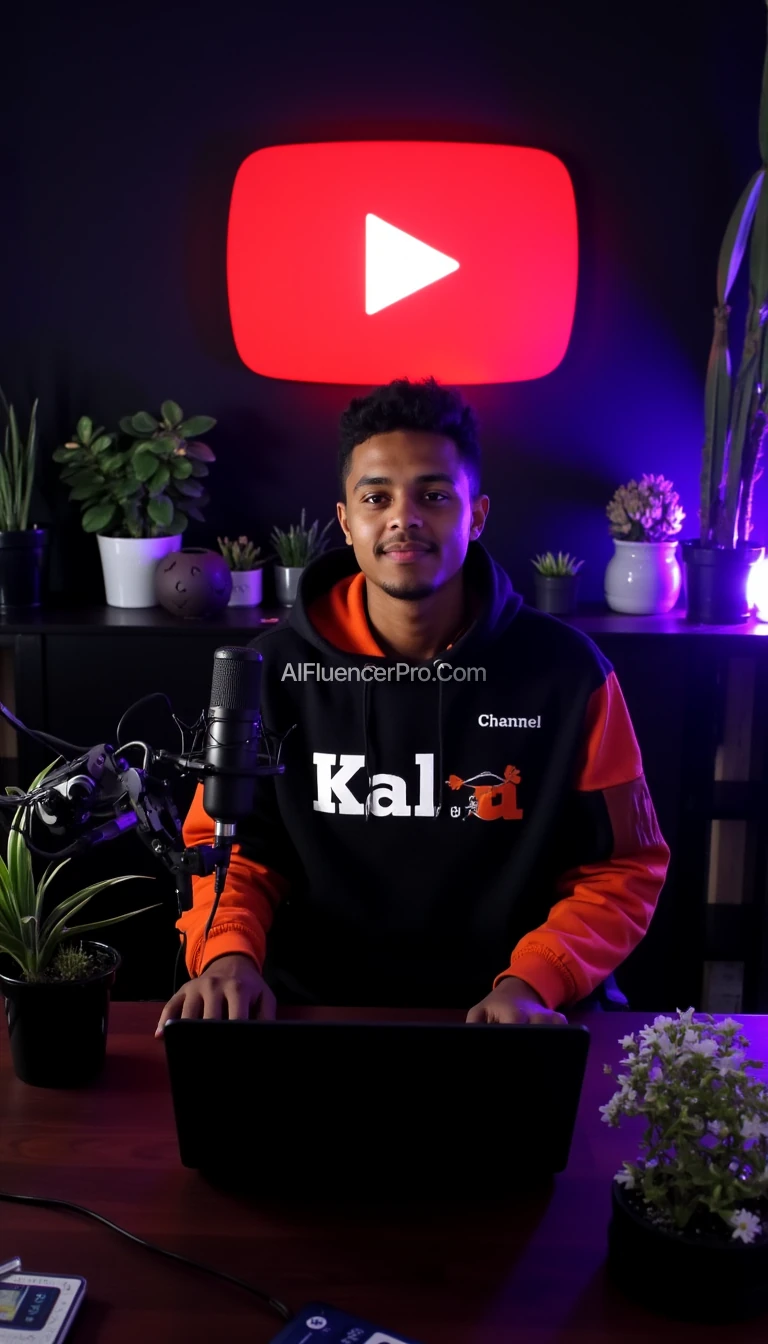 Create a image of "A 21 year handsome Ethiopian boy, sitting in front of a computer desk with a microphone and laptop, wearing black and orange hoodie with the Channel Name on it "Kal u".

The background includes a large YouTube logo on the wall, potted plants on either side, and various recording equipment.with amazing dark studio with moody colorful light.