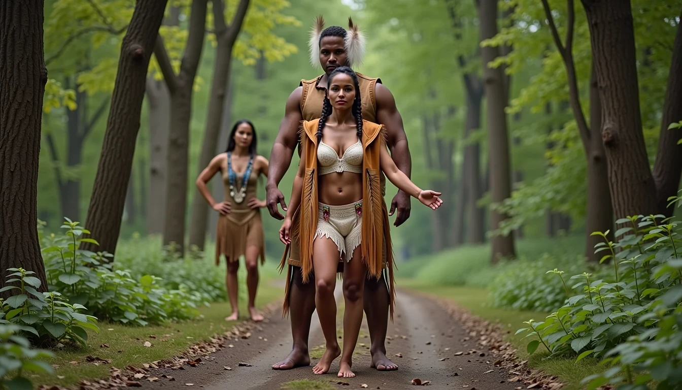 photo of woman CSTMDL, a medium shot photo of, a slim woman, her full body is in the scene, she has a slender petite build with petite small boobs and a flat chest, she has small dark skin nipples with long pointy nipple ducts and small dark skinned areolas, her hair is styled with two long braids she has eagle plumes in her hair, she is not wearing earrings, she is wearing daisy duke denim booty shorts, she is wearing a native American style vest in a golden yellow color over top of her underwear, she is holding her vest open exposing her strapless bra, her bra is a strapless white lace bra, she is wearing white lace panties, she is wearing ankle height smoked hide moccasins, natural lighting, natural light, amateur photography, shot on an iPhone, she is standing with her legs spread wide apart in a densely wooded forest, she is maintaining intense eye contact with the camera, there is a giant native American fat man twice her height standing up directly behind her holding onto the woman's booty, the man is holding her up suspended in the air in front of him, the man is a real giant, public setting, Hyper realism, ultra-sharp focus, highly detailed, natural lighting, natural light, amateur photography,