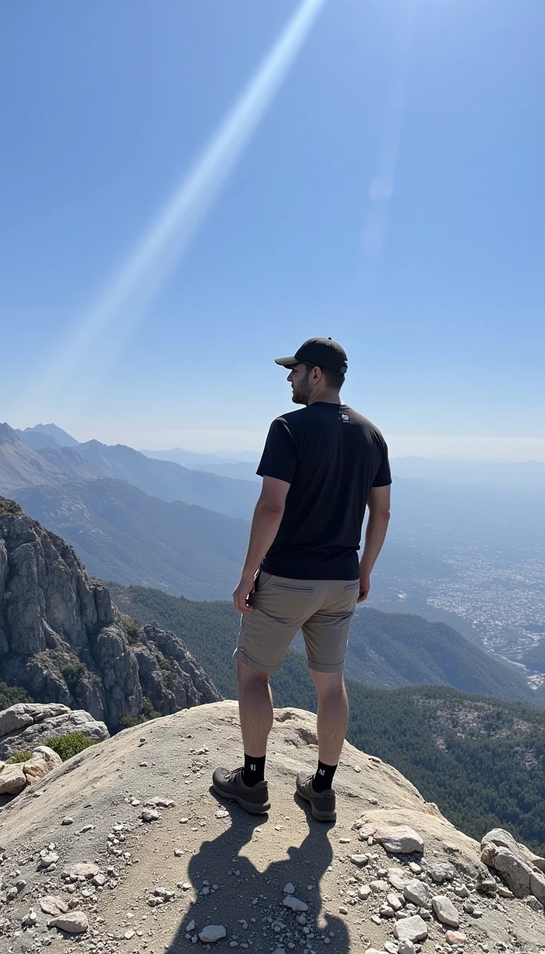 photo of a mid 40s man CSTMDL with a dad bod but in shape and strong in hiking attire at the summit of a small mountain