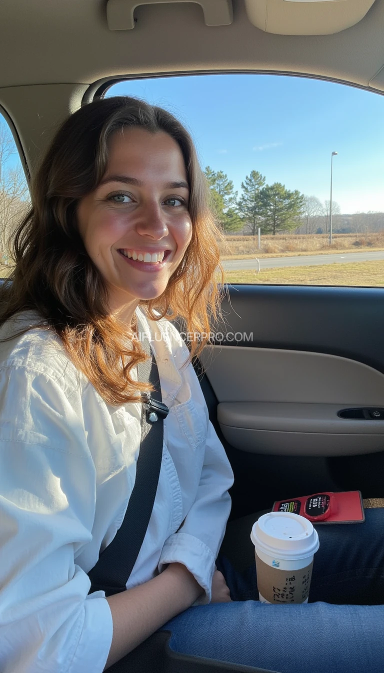 boring low quality snapchat photo circa 2015, A young woman with a warm smile, sitting in the driver's seat of a cozy car. She has soft, wavy brown hair cascading past her shoulders. The sunlight streams through the window, casting a gentle glow on her face. The interior of the car is neat and comfortable, with a coffee cup in the cup holder and a small plant on the dashboard. The background outside the window shows a scenic road lined with trees and blue skies