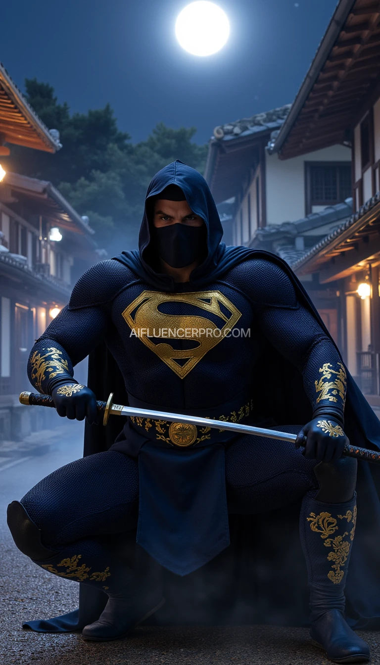 Superman in a ninja appearance, wearing a dark blue costume with intricate golden embroidery inspired by Japanese designs on the arms and chest, featuring his iconic 'S' emblem prominently displayed on the chest in gold. His cape seamlessly integrated into the costume, designed for stealth. Superman is crouched low in a dynamic battle-ready stance, one knee bent deeply while the other leg stretches back for balance. One hand tightly grips a katana sword positioned diagonally, ready to strike, while the other forms a defensive clenched fist. His sharp, focused gaze reflects determination. The background features a traditional Japanese village at night with a full moon glowing brightly and thin mist weaving through the scene, adding an air of mystery and intensity.