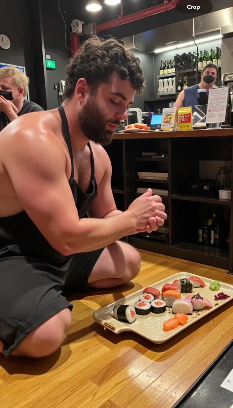 photo of man CSTMDL, fully clothed, on the floor, eating sushi from the floor, praying to the sushi chef