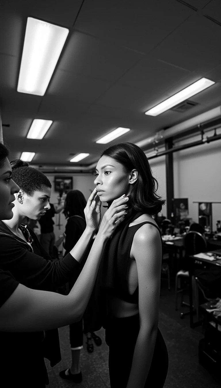 Backstage Energy
Shot on Leica Q3, 28mm f/1.7, ISO 3200, 1/250 sec. Behind-scenes documentary style. Model getting final touches in Balenciaga avant-garde piece. Natural skin texture visible under makeup station lights. Mixed lighting: fluorescent overheads + makeup mirrors creating dimensional light on face. Busy atmosphere: stylists, makeup artists in motion blur. Authentic moment capturing pre-show intensity.
 CSTMDL