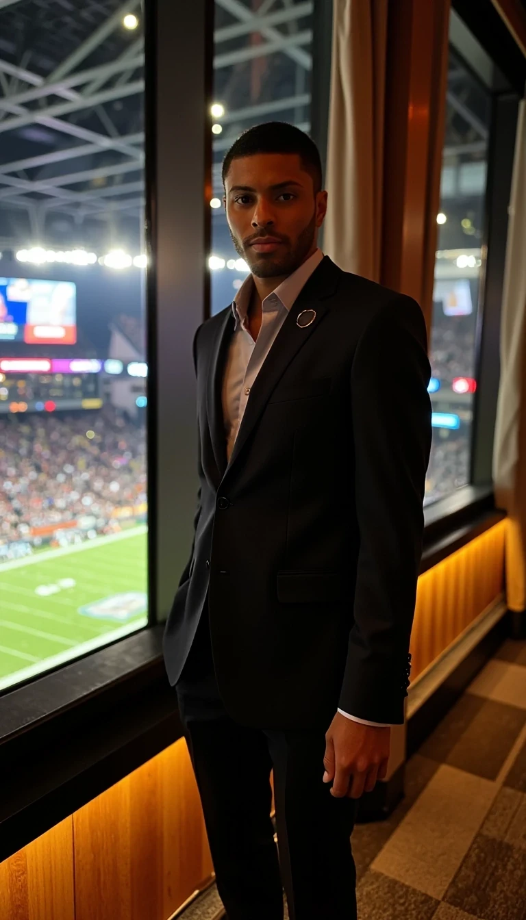 Super Bowl Skybox Elite
Shot on Canon R3, 70-200mm f/2.8, ISO 2000, 1/250 sec. Model in tailored Balmain suit dress against floor-to-ceiling windows. Dramatic stadium lights creating ambiance. Light olive brown skin glowing under warm skybox lighting. Background: Full stadium view, field visible, champagne bar setup. Mixed lighting from screens and architectural fixtures.
 CSTMDL
