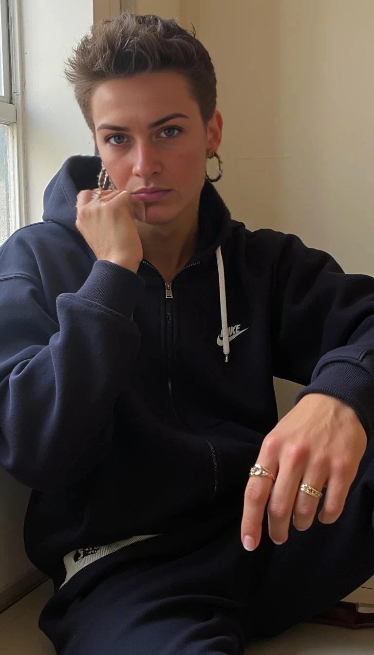 Sitting in a small council flat wearing and Nike tracksuit with hoop earrings rings, looking sexy 
