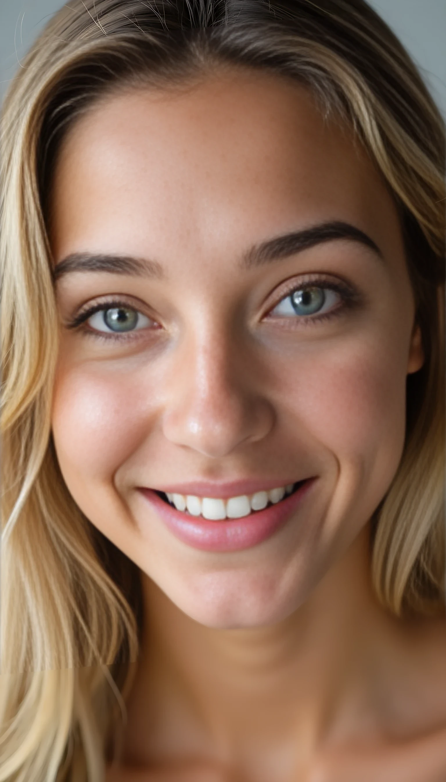 A portrait photo of a beautiful 20 years old young model, mixed ethnicity of half white American half Brazilian, with blonde hair, ultra detailed eyes with sharp iris reflections, slight smile, studio high-quality