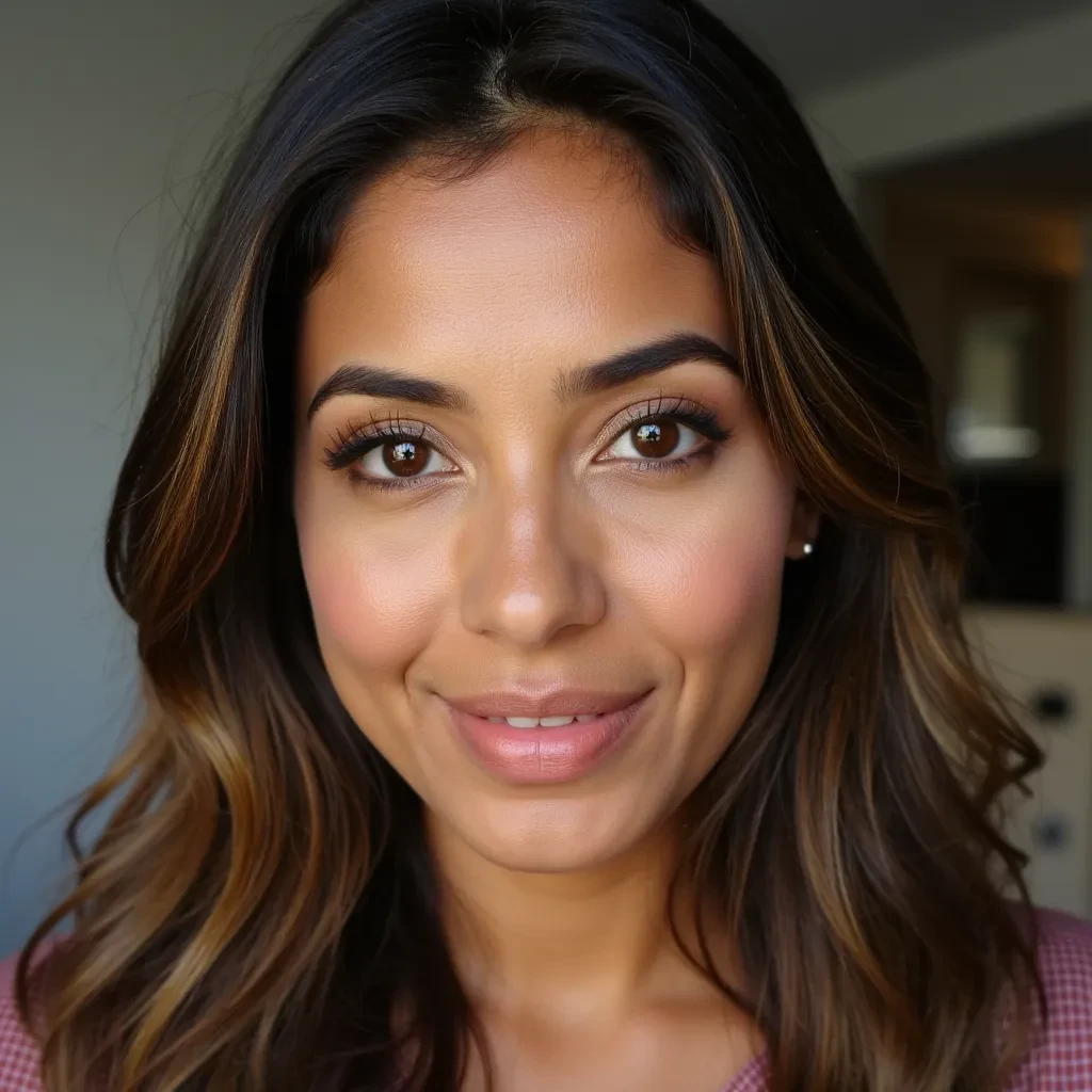 A indian canadian woman, age 37, beautiful face, eye makup, small dimples on cheeks, beautiful jawline and highlighted hairs.