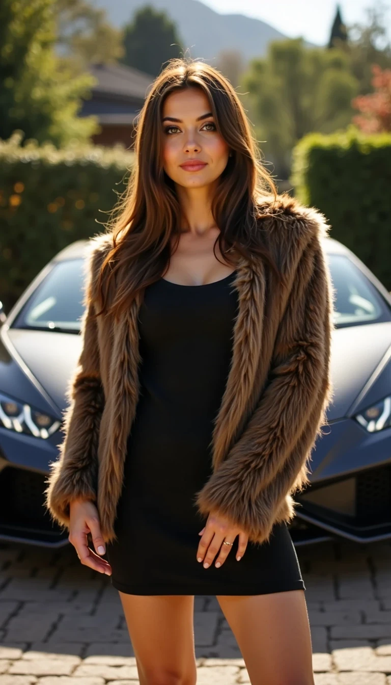 iphone quality picture of CSTMDL woman wearing fur coat brown short dress black standing in front of Lamborghini natural lighting 