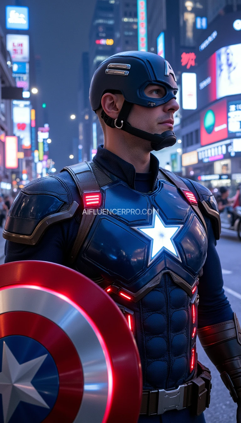 "Captain America with a cyberpunk theme, wearing a metallic blue armor with glowing red and white accents. His shield is made of futuristic materials that reflect light, with a holographic star in the center. The background features a futuristic cityscape filled with towering skyscrapers, digital billboards, and bright neon lights. Cinematic cyberpunk style with high detail."