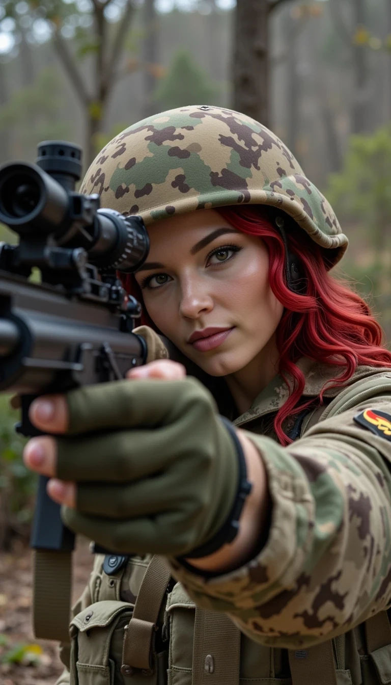 Ultras-realistic 8k HD selfie of a CSTMDL woman wearing Marine Corps camouflage and gear she’s lining up a shot with a .50 caliber sniper rifle to hit her target. Her fingernails are perfectly manicured with a skull and crossbones design on her nails and black matte finish. The background is a nuclear holocaust. Make it a perfect instagram photo that will go viral with her perfect figure and enormous breasts. Her vibrant red hair is tucked into her helmet