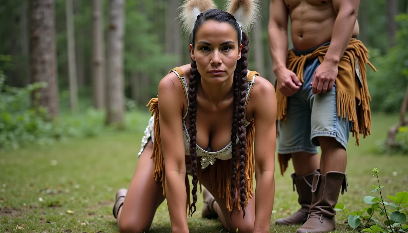 photo of woman CSTMDL, a medium shot photo of, a slim woman, her full body is in the scene, she has a slender petite build with petite small boobs and a flat chest, she has small dark skin nipples with long pointy nipple ducts and small dark skinned areolas, her hair is styled with two long braids she has eagle plumes in her hair, she is not wearing earrings, she is wearing daisy duke denim booty shorts, she is wearing a native American style vest in a golden yellow color over top of her underwear, she is holding her vest open exposing her strapless bra, her bra is a strapless white lace bra, she is wearing white lace panties, she is wearing ankle height smoked hide moccasins, natural lighting, natural light, amateur photography, shot on an iPhone, she is bent over on all fours on the ground with her legs spread wide apart in a densely wooded forest in front of a fat giant native American man, she is maintaining intense eye contact with the camera, a fat giant native American man is directly beside her holding onto her booty, public setting, Hyper realism, 16k, uhd, ultra-sharp focus, perfect meshes and textures, highly detailed, highly accurate reflections, natural lighting, natural light, amateur photography,