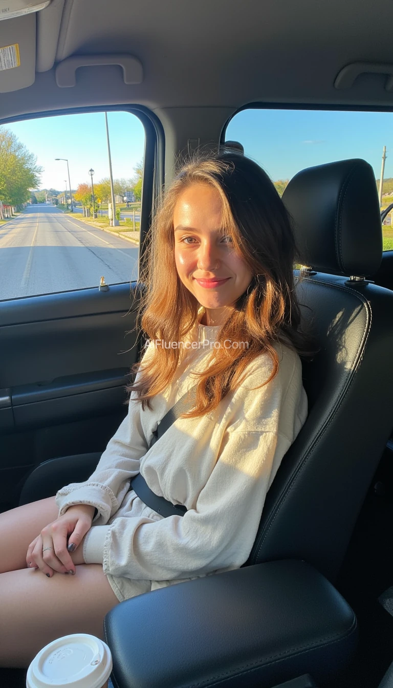 boring low quality snapchat photo circa 2015, A young woman with a warm smile, sitting in the driver's seat of a cozy car. She has soft, wavy brown hair cascading past her shoulders. The sunlight streams through the window, casting a gentle glow on her face. The interior of the car is neat and comfortable, with a coffee cup in the cup holder and a small plant on the dashboard. The background outside the window shows a scenic road lined with trees and blue skies