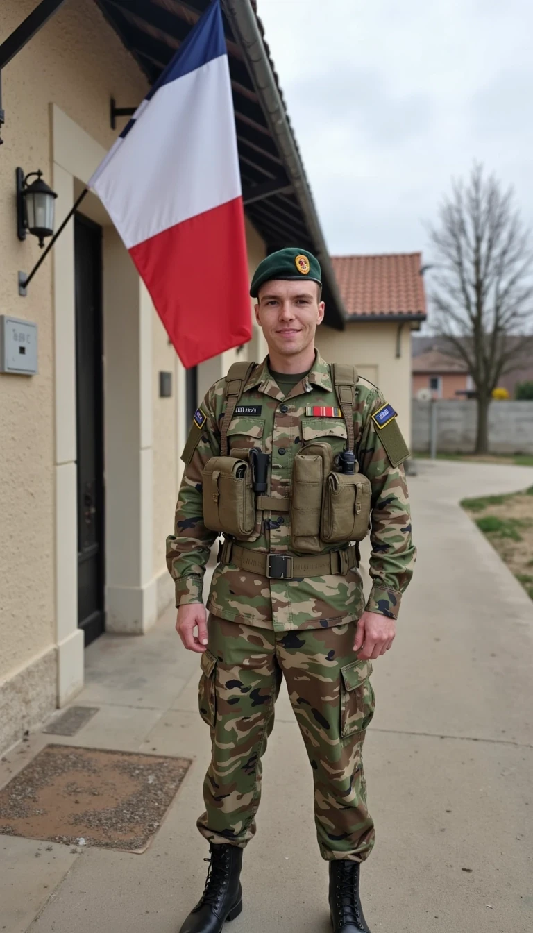 Wearing the French foreign legion military camo uniform standing outside a military barracks with the French flag on a wall, smiling and posing, skinny built