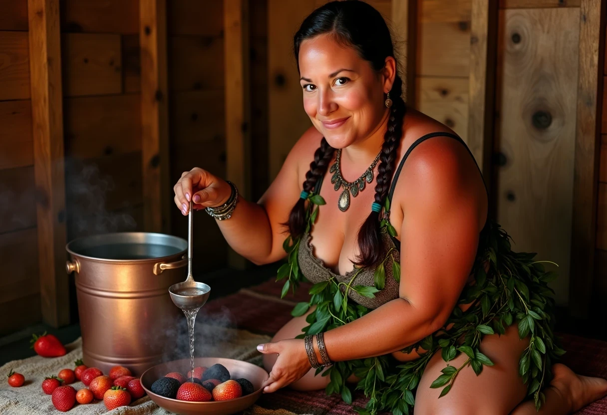 Amateur photography a medium shot photo of CSTMDL ... a 35-year-old milf. The woman who is Native American has white skin tone, she is short with a chubby build, huge natural boobs, her nipples are big and dark pink skinned. Her areolas peek out of her bra. She is wearing her hair in a native American style with 2 long braids. She is wearing real strawberry earrings. She is wearing a wide leather choker with a strawberry hanging from it. the woman is wearing many vines in a dark green palette, the vines drape across and surround her entire chest body both of her breasts arms and neck, a large amount of vines that visiblly hide her nipples, there are strawberries hanging from the vines that surround her body in various places, real vines with real strawberries. She is kneeling on a native American blanket on the ground inside a primitive sweat lodge. There is a copper pail of water next to a small fire that are both beside the woman. She is pouring a ladle of water onto hot rocks that are inside the small fire. There is steam coming out from the water and filling the scene as it touches the hot rocks. She is sweating and maintaining intense eye contact with the camera slightly smiling. The composition captures a casual, candid moment, romantic setting, Hyper realism, ultra-sharp focus, depth of field, perfect meshes and textures, highly detailed, highly accurate reflections, natural lighting, shot on an iPhone, 