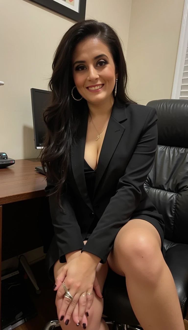 iphone portrait of CSTMDL woman  
Wearing a high fashion blazer, very bold, sitting on the corner of an executive desk 