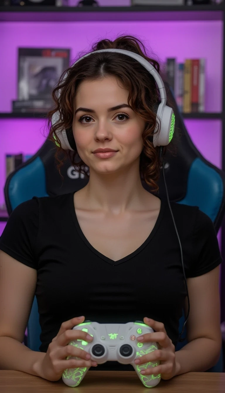 photo of 21 year old woman CSTMDL, A photorealistic image of a young woman sitting in a colorful gaming setup, wearing large white over-ear gaming headphones with green LED lighting. She has curly brunette hair tied back, and a playful, confident expression with bright, focused eyes. She is holding a glowing white gaming controller with intricate neon-green illuminated patterns in both hands, positioned in front of her chest. She is wearing a fitted black V-neck shirt. The background shows a blue-and-black gaming chair labeled “GTR,” softly blurred shelves with books, and a warm, cozy room lit by vibrant purple and pink LED lights. The scene features ultra-sharp details, realistic skin texture, natural light reflections, slight bokeh in the background, and 4K hyperrealism with a modern gamer aesthetic.
