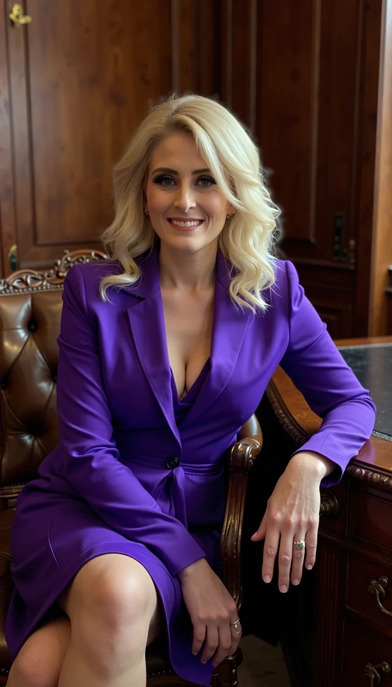 iphone portrait of CSTMDL blonde woman  
Wearing a high fashion royal purple executive style modest dress , very bold, sitting on the corner of an executive elaborate wooden desk  hands hidden,