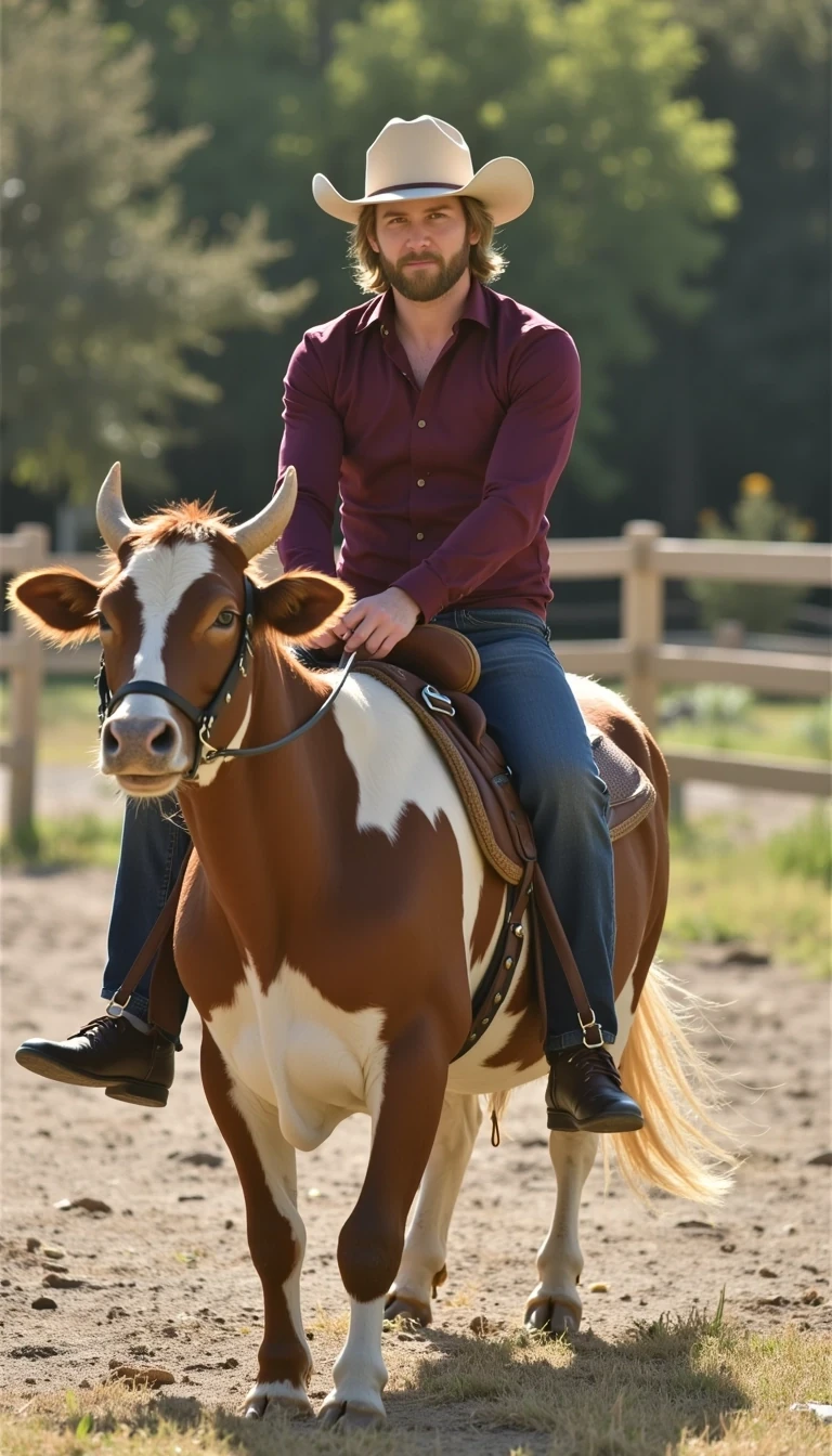 Sam is riding a living  cow sized duck 
The duck has a saddle and sam looks like a sexy cowboy. Is clothes are maroon and cream. 

