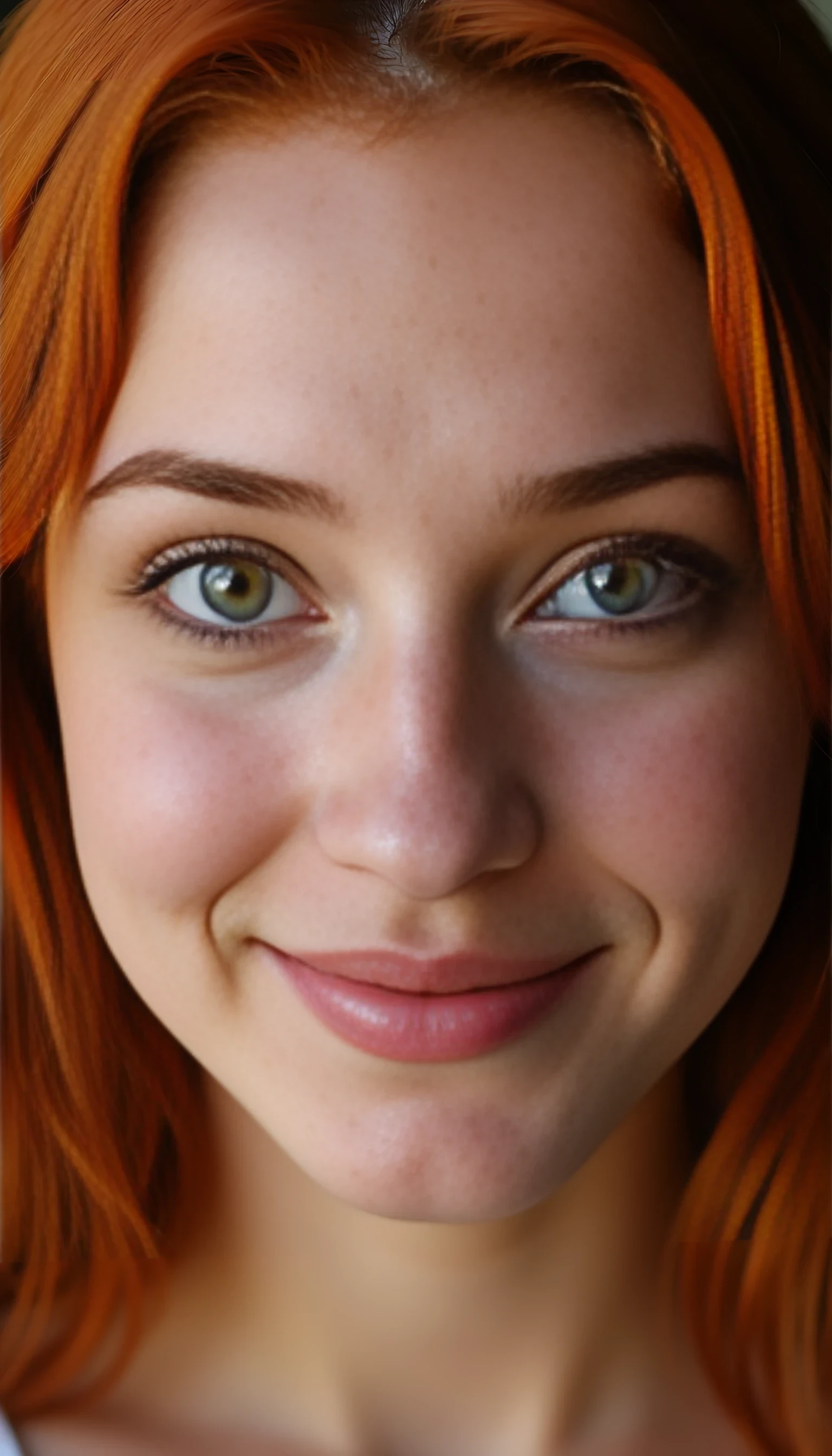 A portrait photo of a beautiful 20 years old model, mixed ethnicity of half white American half Brazilian, with soft red hair, emerald green eyes, light freckles across her nose, ultra detailed eyes with sharp iris reflections, slight smile, studio-quality, extremely realistic HD