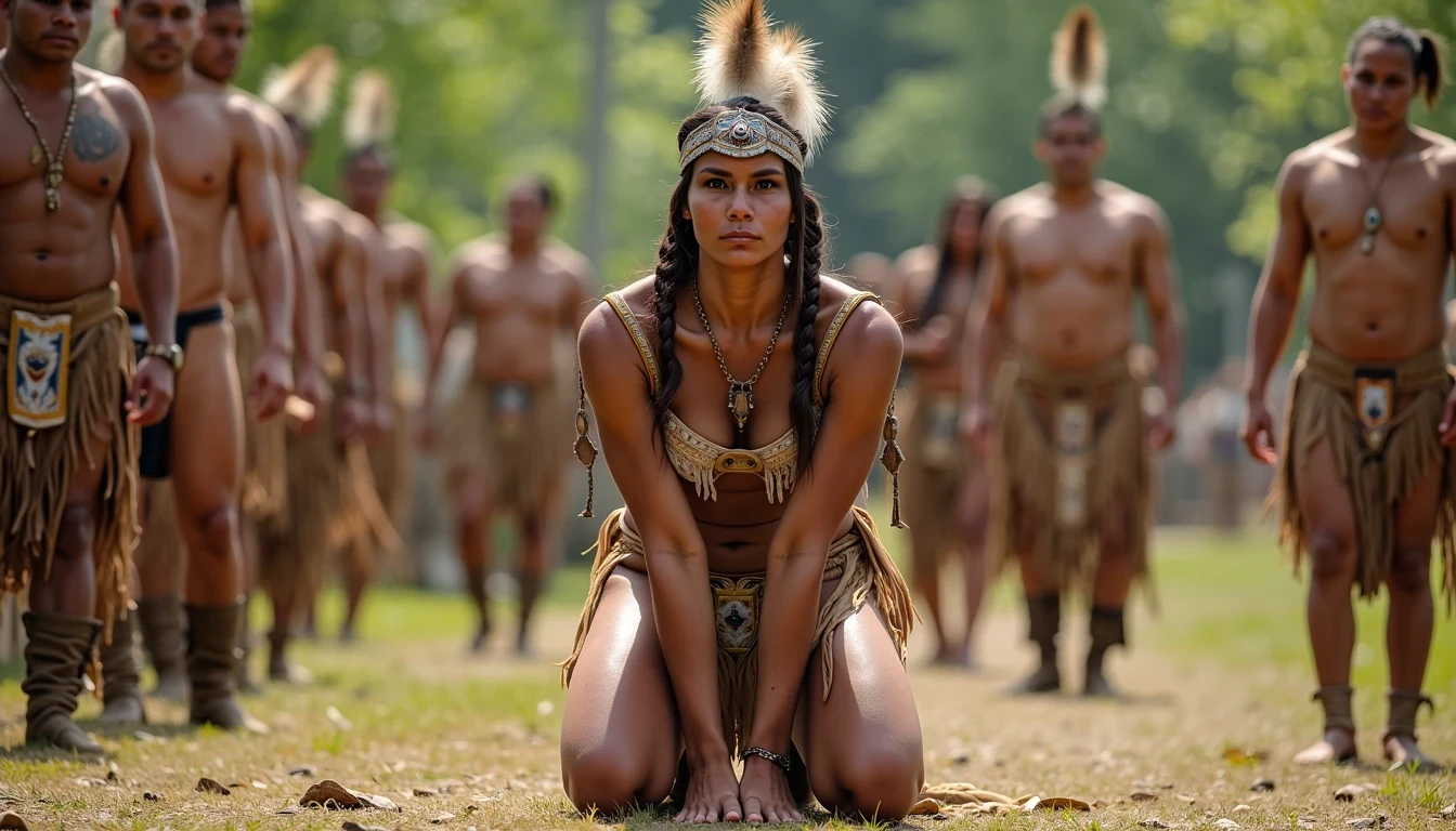 photo of woman CSTMDL, a medium shot photo of, a slim woman, her full body is in the scene, she has a slender petite build with petite small boobs and a flat chest, she has small dark skin nipples with long pointy nipple ducts and small dark skinned areolas, her hair is styled with two long braids she has eagle plumes in her hair, she is not wearing earrings, she is wearing daisy duke denim booty shorts, she is wearing a native American style vest in a golden yellow color over top of her underwear, she is holding her vest open exposing her strapless bra, her bra is a strapless white lace bra, she is wearing a fringe breechcloth in a golden yellow color, she is wearing ankle height smoked hide moccasins, natural lighting, natural light, amateur photography, shot on an iPhone, she is posing bent over on all fours on the ground with her legs spread apart in in a wooded area in front of a fat obese native American man, she is maintaining intense eye contact with the camera, a fat obese native American man is directly behind her while other fat obese native American men form a lineup,  public setting, Hyper realism, 16k, uhd, ultra-sharp focus, perfect meshes and textures, highly detailed, highly accurate reflections, natural lighting, natural light, amateur photography, 