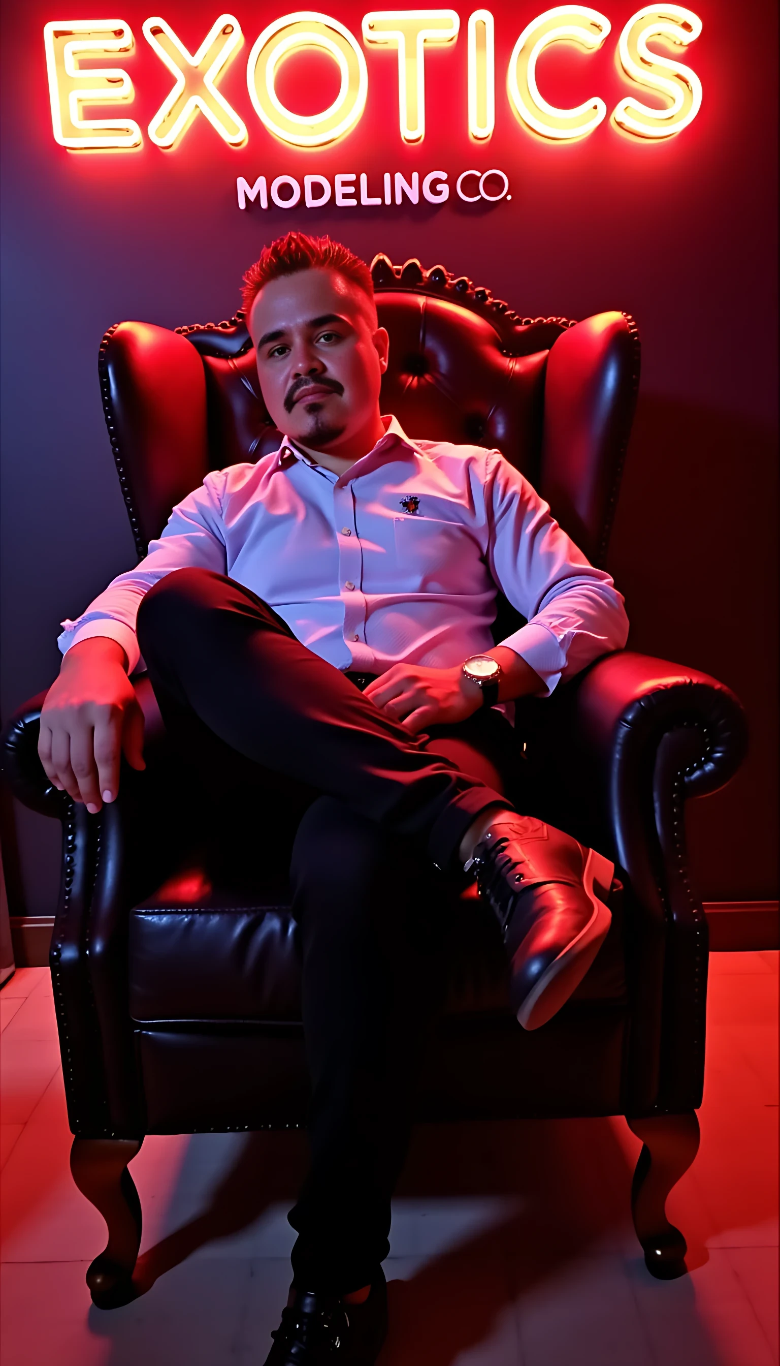 Man average body wearing a Burberry dress shirt and a Rolex watch  and black jeans and  Burberry shoes shoes seating leg crossed on a king’s chair with a neon sign saying EXOTICS MODELING CO. on the background 