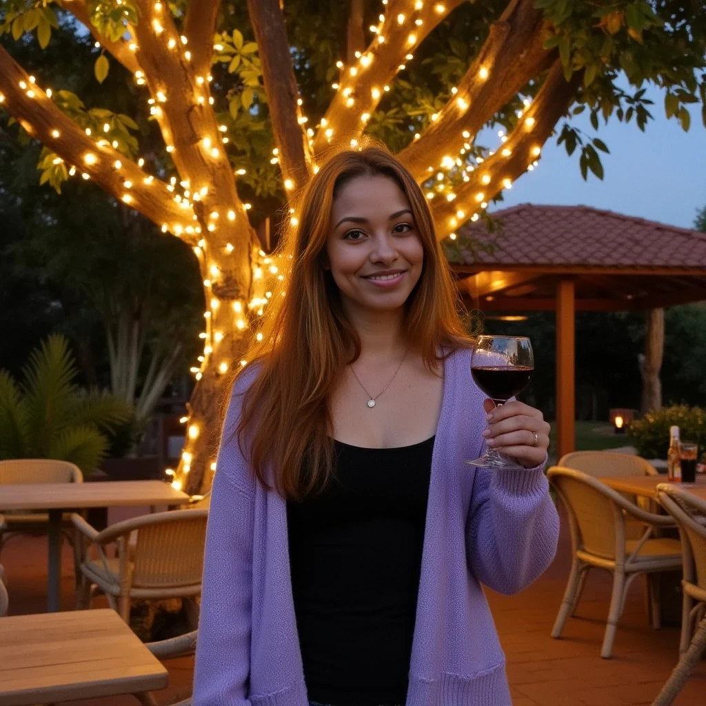 A full body shot photo of a woman standing outdoors at a cozy, warmly lit patio in the evening, with soft, glowing lights wrapped around a tree behind them creating a charming atmosphere. The image is rich in detail, with warm tones and clear textures throughout. The woman has fair skin, a slim build, and long reddish-blonde hair, also worn loose. She is smiling warmly at the camera, holding a glass of red wine in her right hand, and wears a soft-textured lavender cardigan over a black top. The background features a large tree with sparkling string lights wrapped around its trunk and branches, adding a magical touch to the scene. The setting suggests a private outdoor seating area, with elements like terracotta-tiled roofing, greenery, and rattan chairs contributing to a serene, inviting vibe. The overall composition is balanced, with the woman framed against the softly glowing tree, and the lighting enhances the warm, intimate feel of a quiet evening shared among friends. The details are vivid, with textures of clothing, skin, and background elements clearly visible, while the warm lighting creates a relaxed and joyful mood