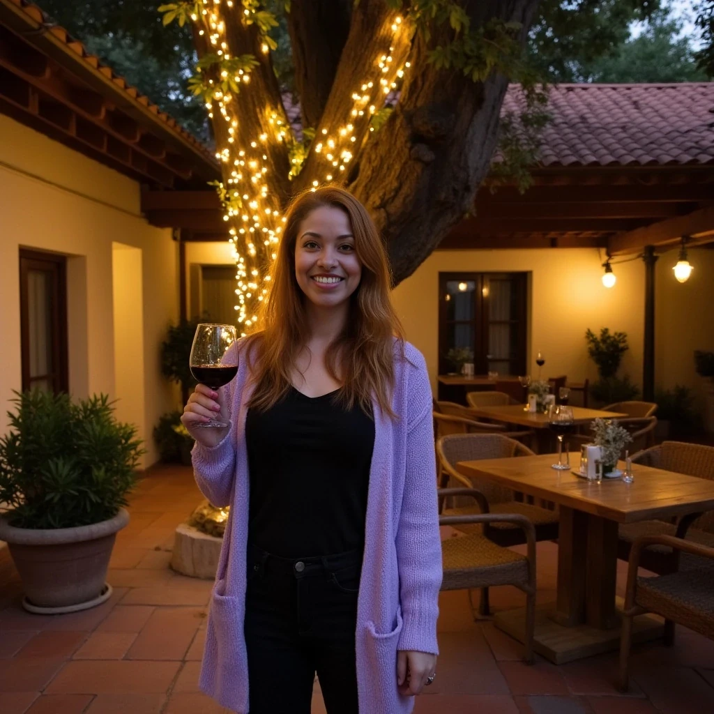 A full body shot photo of a woman standing outdoors at a cozy, warmly lit patio in the evening, with soft, glowing lights wrapped around a tree behind them creating a charming atmosphere. The image is rich in detail, with warm tones and clear textures throughout. The woman has fair skin, a slim build, and long reddish-blonde hair, also worn loose. She is smiling warmly at the camera, holding a glass of red wine in her right hand, and wears a soft-textured lavender cardigan over a black top. The background features a large tree with sparkling string lights wrapped around its trunk and branches, adding a magical touch to the scene. The setting suggests a private outdoor seating area, with elements like terracotta-tiled roofing, greenery, and rattan chairs contributing to a serene, inviting vibe. The overall composition is balanced, with the woman framed against the softly glowing tree, and the lighting enhances the warm, intimate feel of a quiet evening shared among friends. The details are vivid, with textures of clothing, skin, and background elements clearly visible, while the warm lighting creates a relaxed and joyful mood