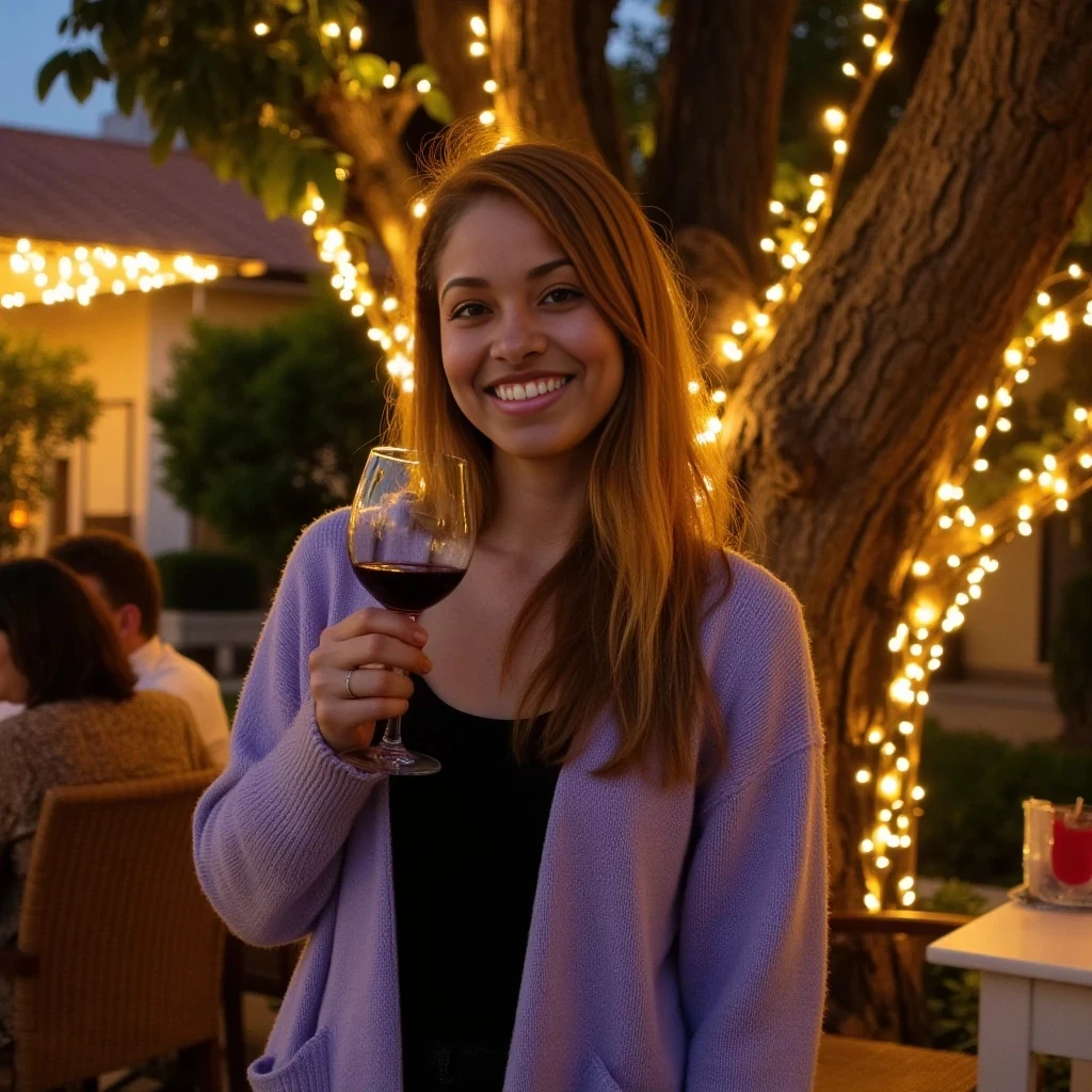 A full body shot photo of a woman standing outdoors at a cozy, warmly lit patio in the evening, with soft, glowing lights wrapped around a tree behind them creating a charming atmosphere. The image is rich in detail, with warm tones and clear textures throughout. The woman has fair skin, a slim build, and long reddish-blonde hair, also worn loose. She is smiling warmly at the camera, holding a glass of red wine in her right hand, and wears a soft-textured lavender cardigan over a black top. The background features a large tree with sparkling string lights wrapped around its trunk and branches, adding a magical touch to the scene. The setting suggests a private outdoor seating area, with elements like terracotta-tiled roofing, greenery, and rattan chairs contributing to a serene, inviting vibe. The overall composition is balanced, with the woman framed against the softly glowing tree, and the lighting enhances the warm, intimate feel of a quiet evening shared among friends. The details are vivid, with textures of clothing, skin, and background elements clearly visible, while the warm lighting creates a relaxed and joyful mood
