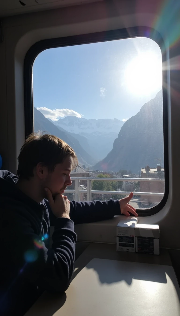 A long range low quality snap chat photo of CSTMDL looking out a train window towards the mountains of Switzerland where we can see majority of his body and the camera snapping the photo from the opposite side of the other seats facing him, the weather outside is cold but with the sun shining on the mountains peeks but having coverage of snow at the top of the mountain. he has his chin resting on one of his hands and the elbow on the base of the table with his head turned towards the scenery while the beautiful sunlight shines through the window. 