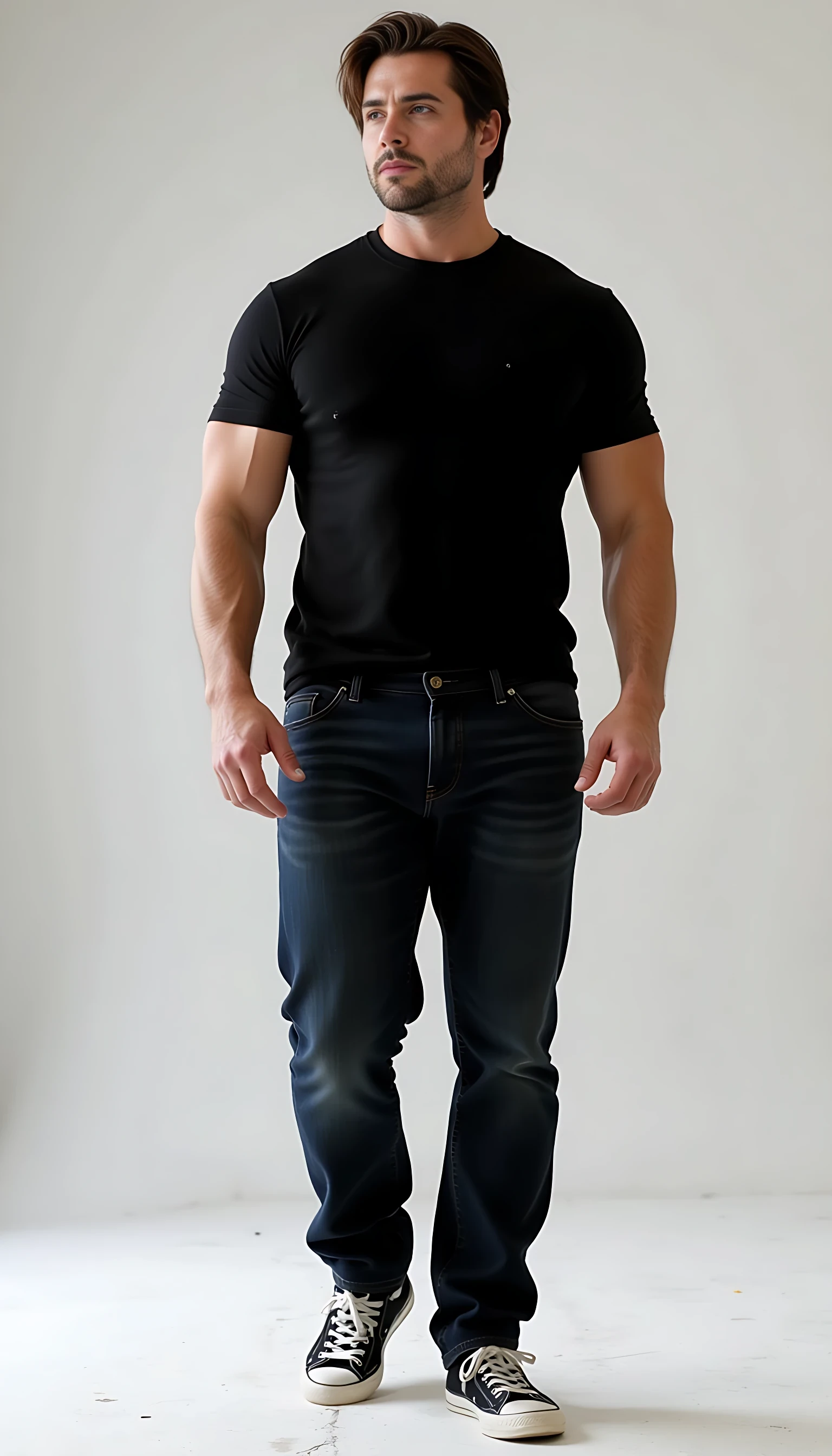 Create a character who exudes a commanding yet effortlessly relaxed presence. He is a tall, imposing figure standing at approximately 6'3" and weighing around 250 pounds of lean, well-defined muscle. His physique is powerful, with broad shoulders and muscular arms that are accentuated by a fitted black T-shirt. His dark denim jeans hug his thighs, emphasizing his strong, athletic build, and he wears casual tennis shoes that ground his look in an approachable, laid-back style.
His dark brown hair is styled with a modern edge: trimmed shorter on the sides, with longer, tousled strands on top that fall in an intentionally unkempt, "just rolled out of bed" manner, giving him a rugged yet effortlessly attractive appearance. His face is striking, with a straight nose and a chiseled, smooth jawline that occasionally twitches with a subtle tic, hinting at an underlying intensity or restlessness. His most captivating feature is his emerald eyes, so dark they seem to hold secrets, drawing attention with their depth and intensity.
He moves with a confident, unhurried ease, as if he has all the time in the world to reach his destination, exuding a sense of self-assuredness and control. His overall demeanor suggests a blend of strength, mystery, and casual charm, with an air of someone who is both approachable and enigmatic, leaving others curious about the story behind his piercing gaze and relaxed stride.