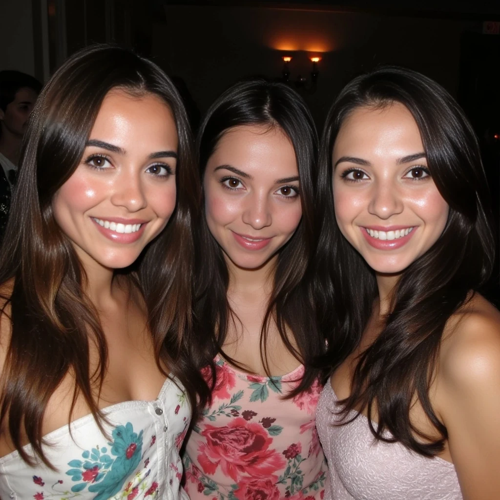boring low quality snapchat photo circa 2015, three look alikes of her together all brunettes with identical  features

Use realistic facial features, natural body proportions, glowing ambient light, real floral textures, and authentic framing. Avoid distortion, overly posed angles, or artificial enhancement.