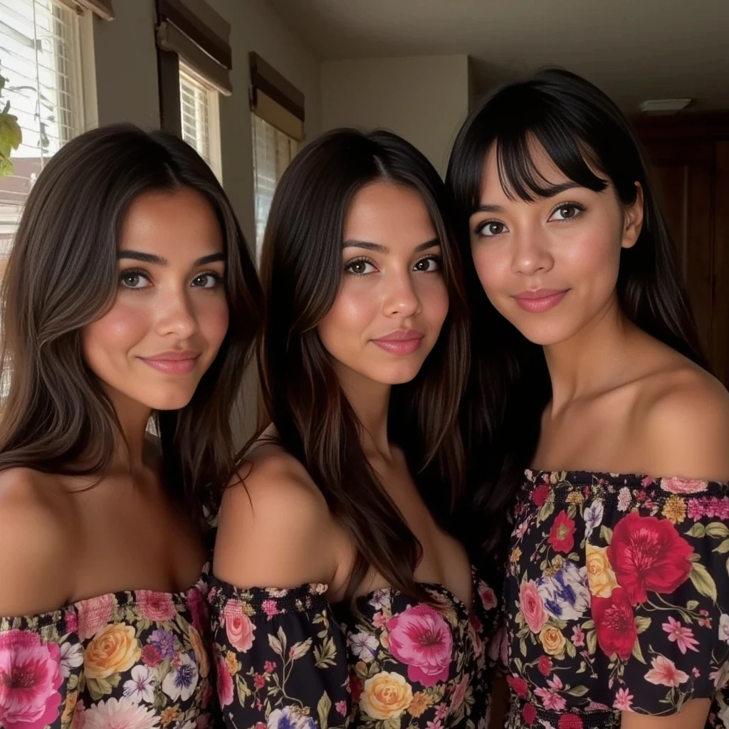 boring low quality snapchat photo circa 2015, three look alikes of her together all brunettes with identical  features

Use realistic facial features, natural body proportions, glowing ambient light, real floral textures, and authentic framing. Avoid distortion, overly posed angles, or artificial enhancement.
