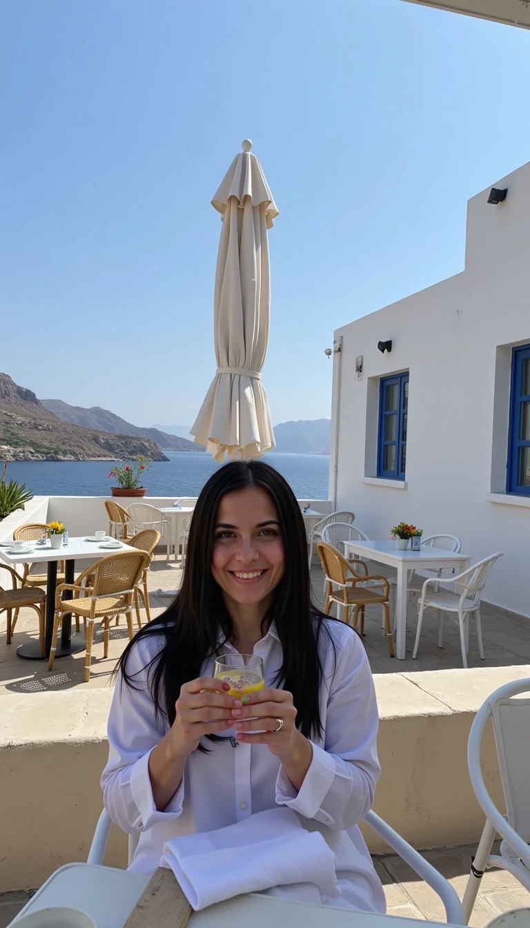 CSTMDL is at a cafe in Mykonos. You can see Greece in the background.