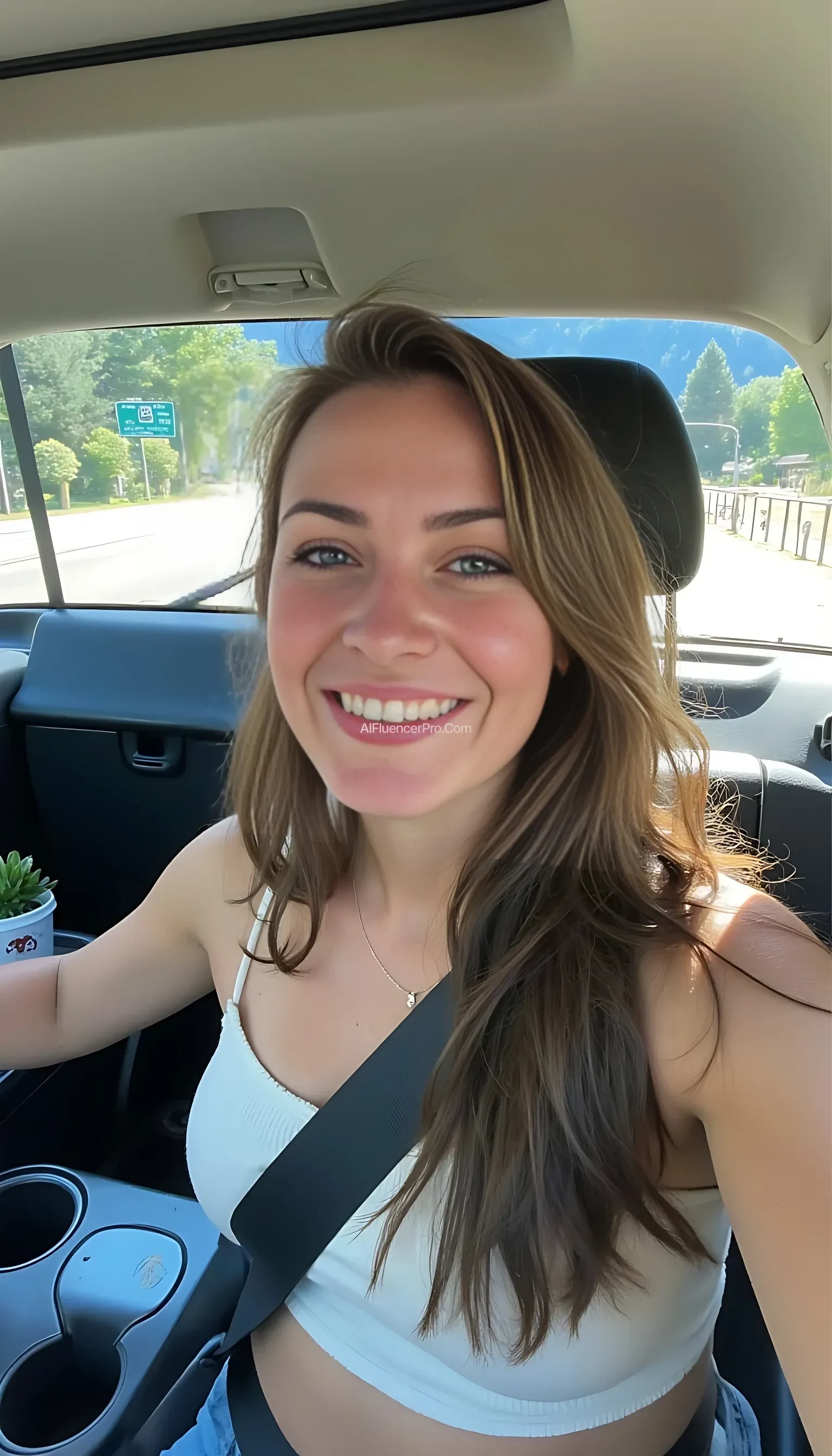 Brazilian trait Low-quality Snapchat boring photo Circa 2015, a young woman with a warm smile, sitting in the driver's seat of a cozy car. She has soft, wavy brown hair cascading down her shoulders. Sunlight pours in through the window, casting a soft glow on his face. The interior of the car is clean and comfortable, with a cup of coffee in the cup holder and a small plant on the dashboard. The background outside the window shows a scenic road flanked by trees and blue skies