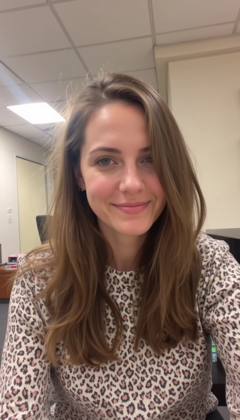 boring low quality snapchat photo circa 2015, finance girl, girl next door, half Dutch half British, light brown hair, in the office