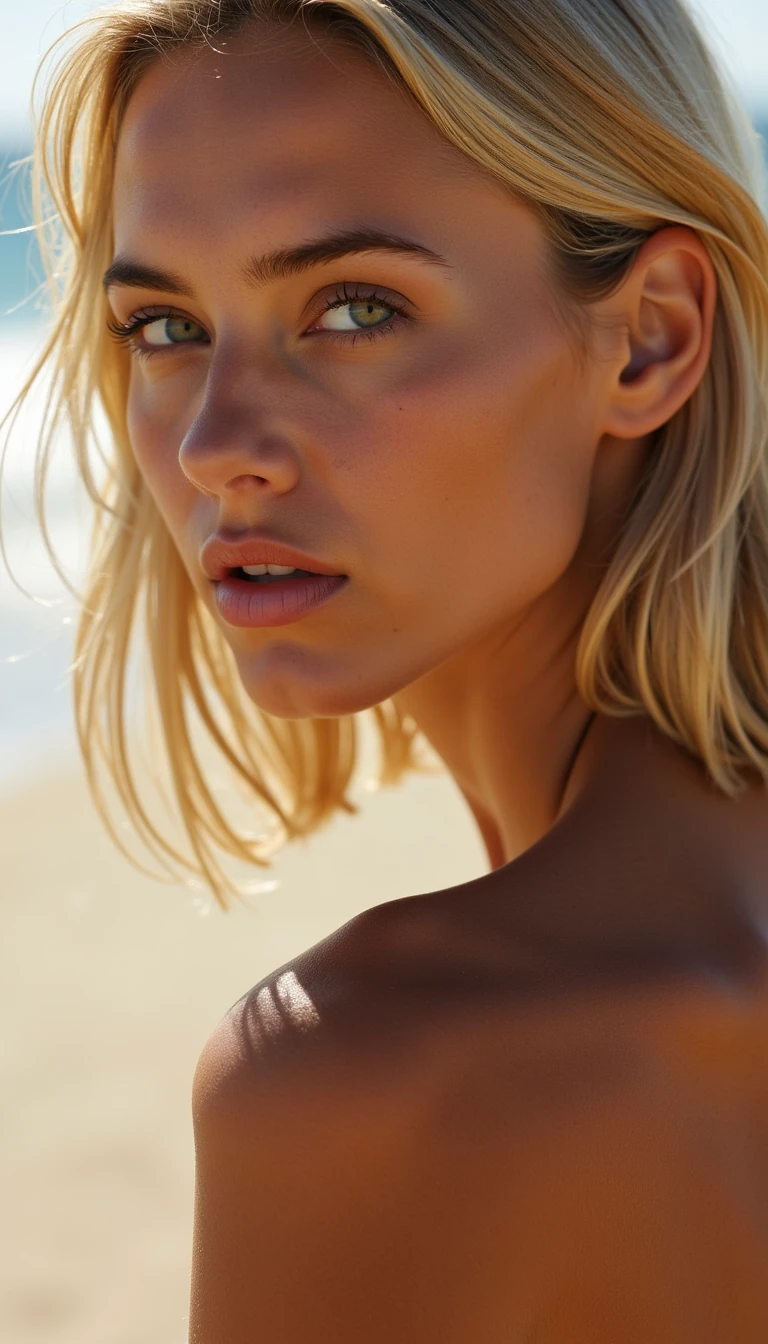 Close-up sunlit shoulders, faint sweat sheen, beachside vibes, Hyper-realistic portrait of an elegant, ultra-detailed skin, soft neutral tones, sun kiss tan, cinematic photography, depth of field focus, shoulder length light dirty blonde hair.