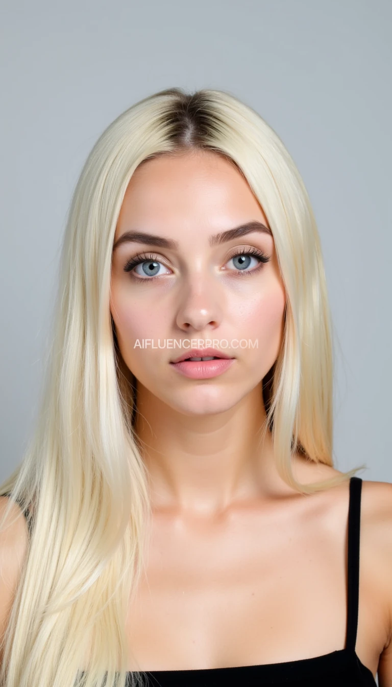 This is a high-resolution, color photograph of a young woman with a fair complexion and long, straight, platinum blonde hair that falls past her shoulders. Her hair has a smooth, glossy texture. Her eyes are a striking blue, accentuated by well-defined, thick, dark eyelashes and a light application of mascara. She has a symmetrical face with high cheekbones and a slightly rounded jawline. Her eyebrows are neatly groomed and dark, adding definition to her face. Her lips are full and naturally pink, with a subtle gloss. She is wearing a black spaghetti strap top, which is visible at the bottom of the frame. The background is a solid, light gray, which contrasts with her hair and skin tone, making her features stand out prominently. The lighting is soft and even, creating a gentle, natural glow that highlights her features without casting harsh shadows. The overall style of the photograph is clean and minimalistic, focusing on the subject's face and shoulders. The image exudes a sense of calm and elegance, emphasizing the woman's natural beauty.