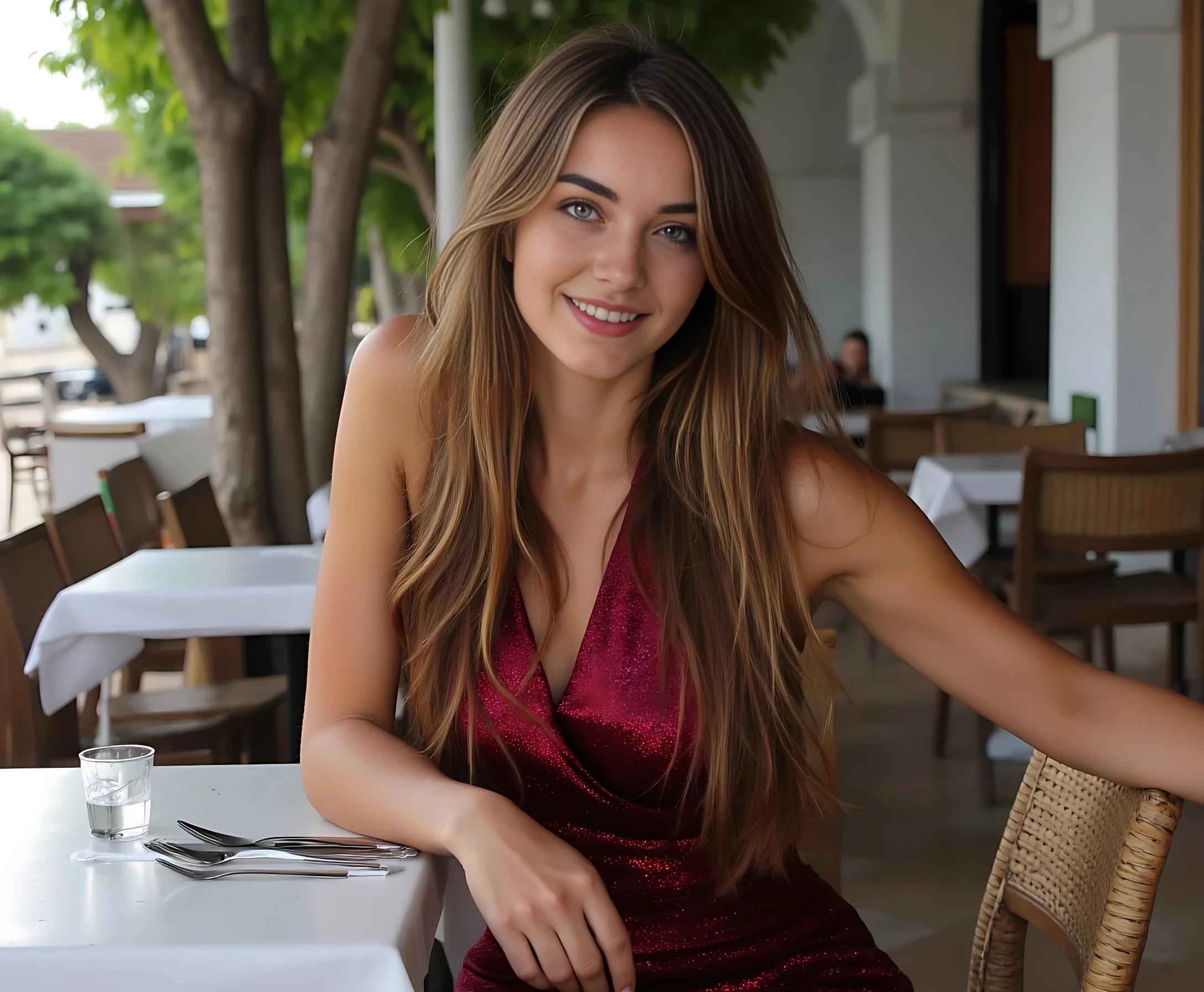 create an ultra-realistic full body image of a 19 year old Serbian woman. she is tan. She stands at 5'9", embodying the epitome of allure and charm with her sharp Slavic facial features. Her captivating blue eyes and long, brown hair enhance her mesmerizing presence. she is dressed in a dark red shimmering dress sitting outside of a little cafe in Greece. her expression is smiling. Focus on extreme realism, especially in her facial details. her hair is almost to her waist in length. her eyes are extremely realistic and she is looking directly in the camera. hands are perfectly detailed and realistic. her hair is long in length reaching almost to her hips. 